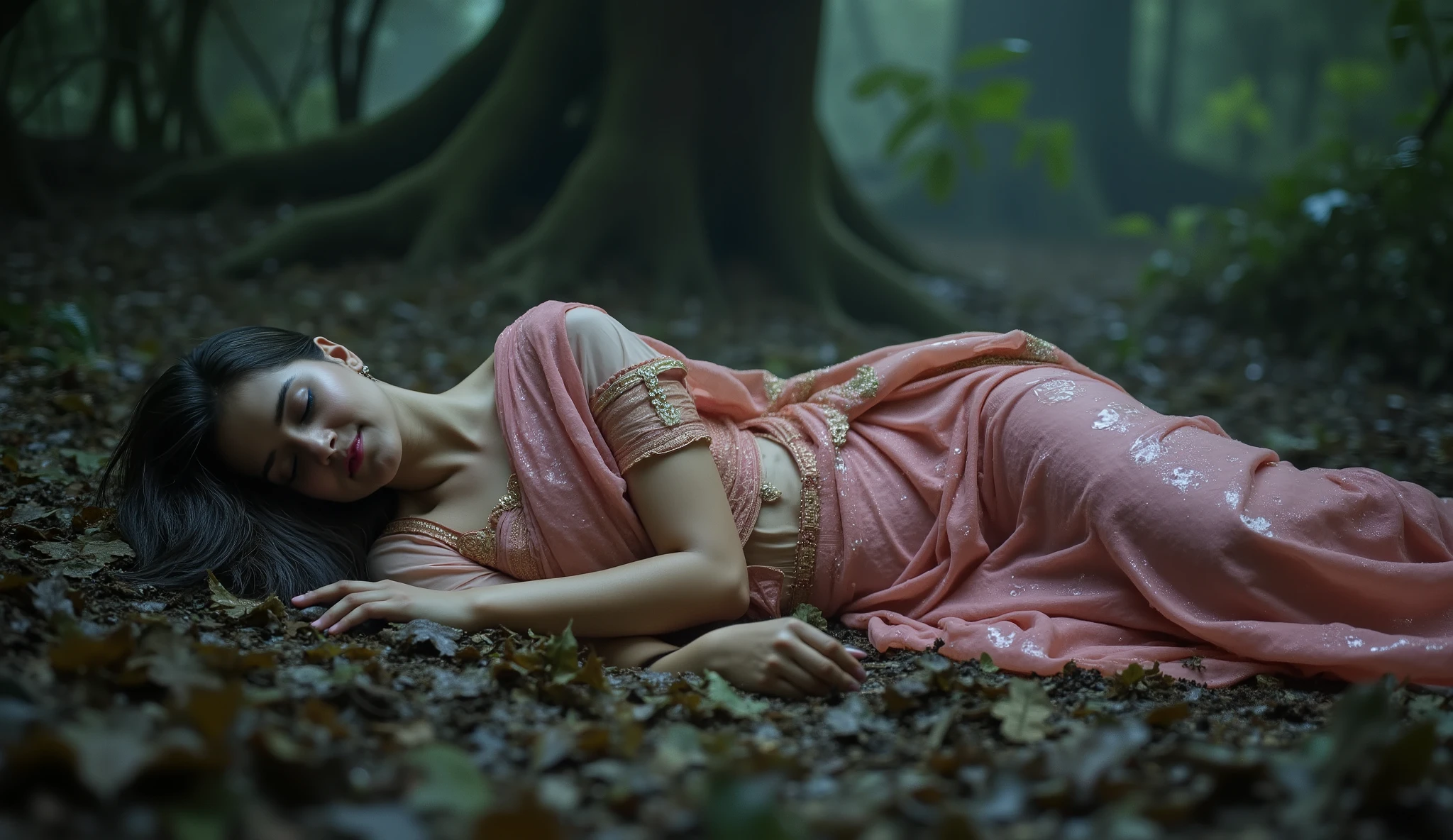 Full hd elegant picture of princess wearing wet pink saree and wet half sleeves pink blouse sleeping in the scary forest full picture