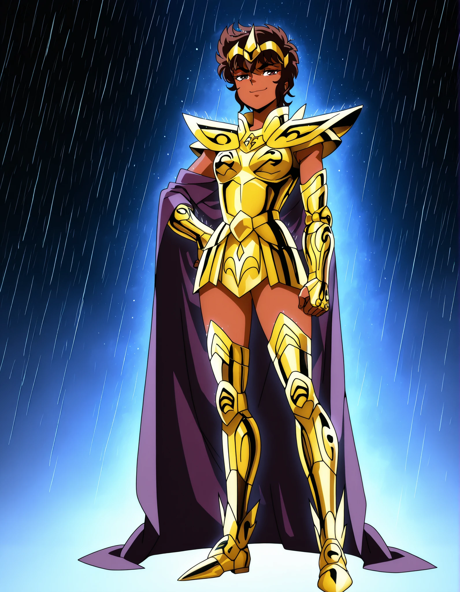 ((Highest Quality)), (Saint Seiya Style), 1girl, solo, Medium breast, thighs, hips, dark skinned, standing, full body, flat chest, hips, thighs, Smug, (Dark brown hair), light brown eyes, pixie cut, dark-skinned female, Dark Skin, dark-skinned, dark Purple princess tiara, Dark Purple tiara, princess tiara, knight robe, player, in starlight night, Medieval royalty full Body golden armor, (Golden royalty full body armor), Full body, dark purple robe, robe under Golden armor, armor over robe, raining, night background, starlight background, green stars, green starlight background, Sagittarius armor,