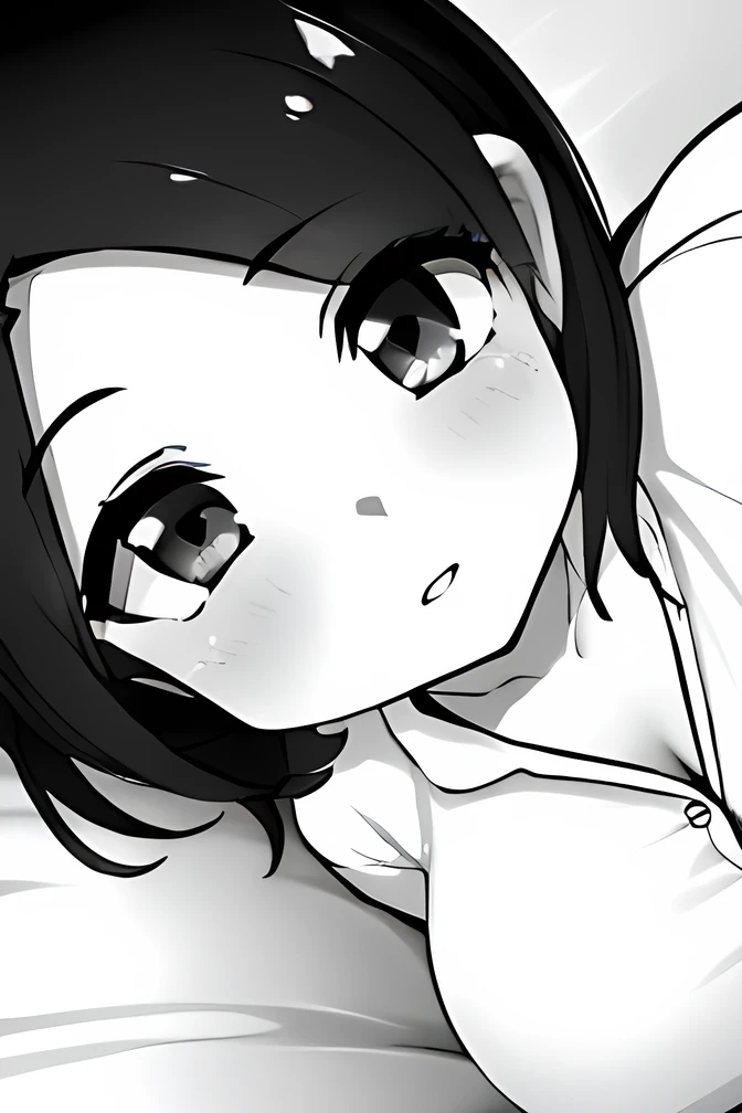 ((( Line art ))),((( monochrome:1.2))),1girl,ideal ratio body proportions,(iris ), Dark Eyes ,( small eyes ),(Slanted Eyes) ,(open eyes),((black hair))),( short bob hair ),bangs ,(closed mouth),(cute lips),((big breasts)),(disproportionate breasts),cleavage,((short stature)),(cute pajamas ),(depressed ),(((lying :1.2))),looking at viewer,indoor,bedroom ,(((on the bed ))),(((face close up))),angle from above ,