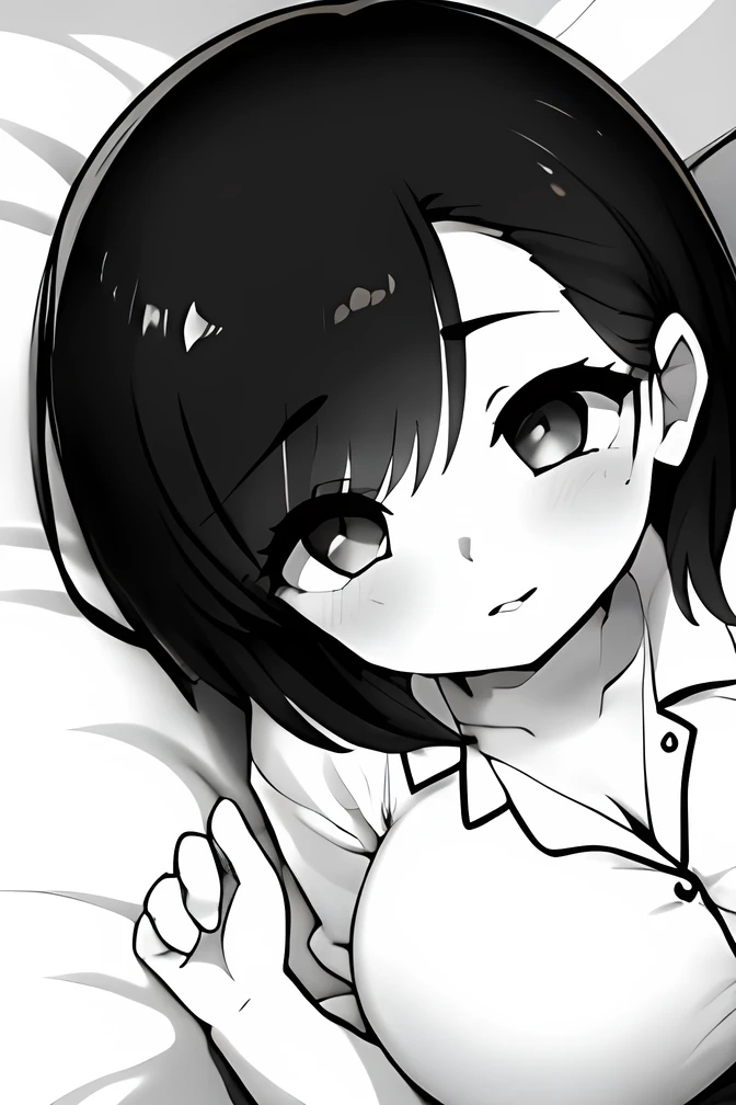 ((( Line art ))),((( monochrome:1.2))),1girl,ideal ratio body proportions,(iris ), Dark Eyes ,( small eyes ),(Slanted Eyes) ,(open eyes),((black hair))),( short bob hair ),bangs ,(closed mouth),(cute lips),((big breasts)),(disproportionate breasts),cleavage,((short stature)),(cute pajamas ),(depressed ),(((lying :1.2))),looking at viewer,indoor,bedroom ,(((on the bed ))),(((face close up))),angle from above ,