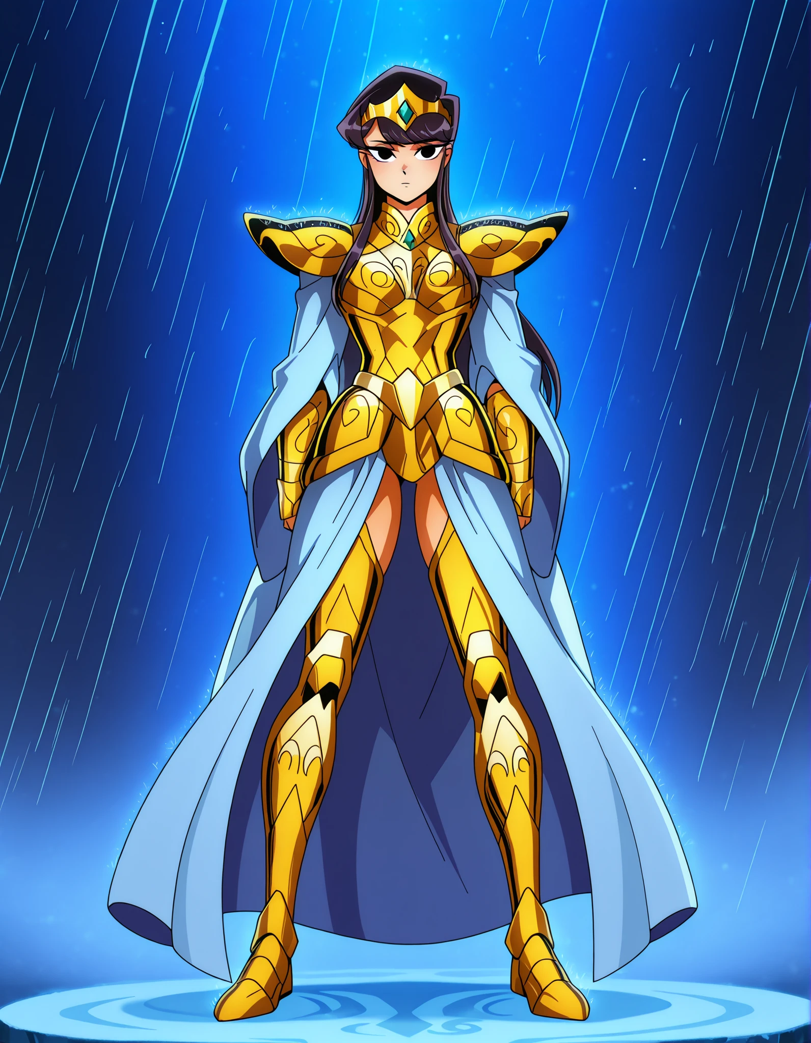 ((Highest Quality)), (Saint Seiya Style), 1girl, full body, standing, gyaru, solo, (komi shouko:1 . 3)), (droopy eyes), without mouth, medium breast, thick thighs, thick hips, thick Shin, full body, Blue princess tiara, Blue tiara, princess tiara, knight robe, player, in starlight night, Medieval royalty full Body golden armor, (Golden royalty full body armor), Full body, Blue robe, robe under Golden armor, armor over robe, raining, night background, starlight background, green stars, green starlight background, aquarius armor,