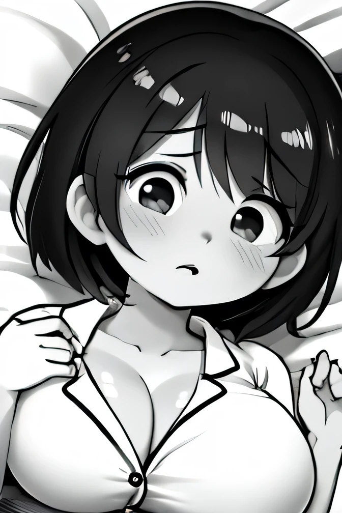 ((( Line art ))),((( monochrome:1.2))),1girl,ideal ratio body proportions,(iris ), Dark Eyes ,( small eyes ),(Slanted Eyes) ,(open eyes),((black hair))),( short bob hair ),bangs ,(closed mouth),(cute lips),((big breasts)),(disproportionate breasts),cleavage,((short stature)),(cute pajamas ),(surprised :1.8),(((lying :1.2))),looking at viewer,indoor,bedroom ,(((on the bed ))),(((face close up))),angle from above ,