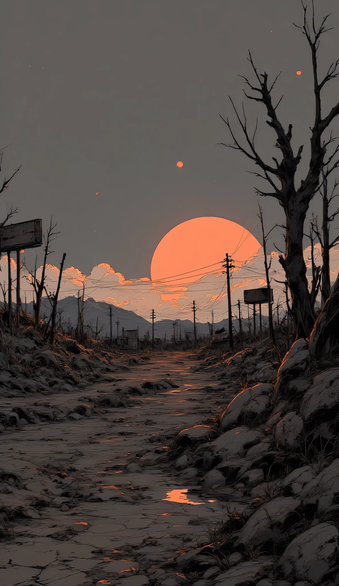 Post-apocalyptic wasteland at dawn, cracked dry ground, burnt trees, ruined billboards in the distance, a faint orange glow of sunrise breaking through heavy clouds, lonely and desolate mood, cinematic anime landscape, highly detailed, dramatic lighting.