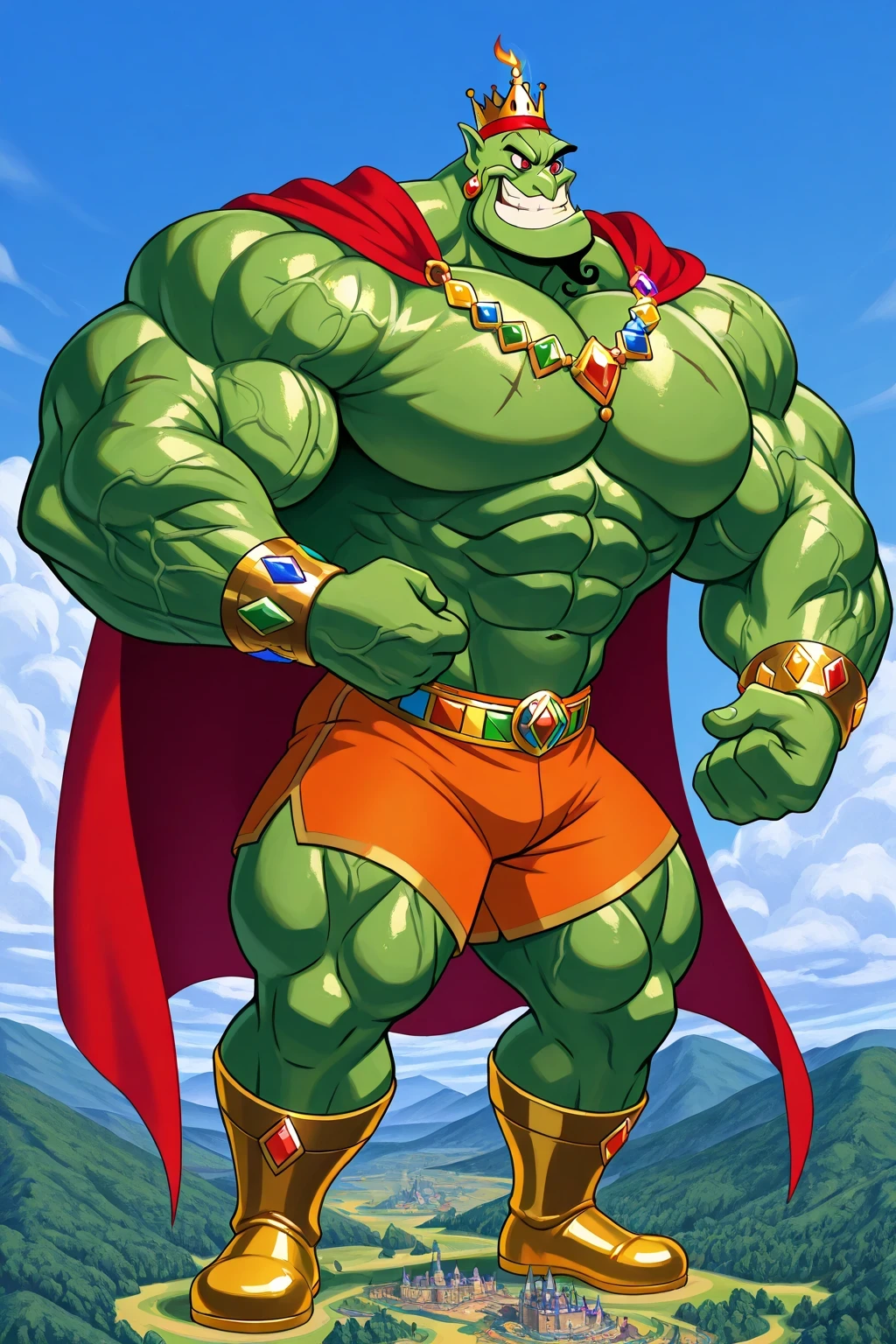 A green giant cartoon 2d frog king, gigantic chin, biggest muscular body, ginomous biceps enormous pectorals, detailed abs, golden armor with colorful jewels, golden bracelets with colorful jewels, golden necklaces with colorful jewels, golden chest with colorful jewels, golden wrestler champions belt with colorful jewels, Red headband. Golden wrist tape with colorful jewels. Golden elbow pads with colorful jewels, Golden kneepads with colorful jewels, ripped orange shorts, tattoos and scars, veins, bigger cartoon yellow frog eyes, red eyes, green skin, golden king crown with colorful jewels, saturaded green skin, big frog feets, golden boots with colorful jewels, wearing a ripped very long red cape, powerful smile expression, feral, smug, dark green eyebrows, sharp teeths, castle and village background, trees, blue sky and clouds background, full body, macro size, giant size, 50-foot size, 100-feet tall, big powerful muscles, veins, rose and fire tattoos, saturaded colors palette, fairytale fantasy scene, dynamic angle.