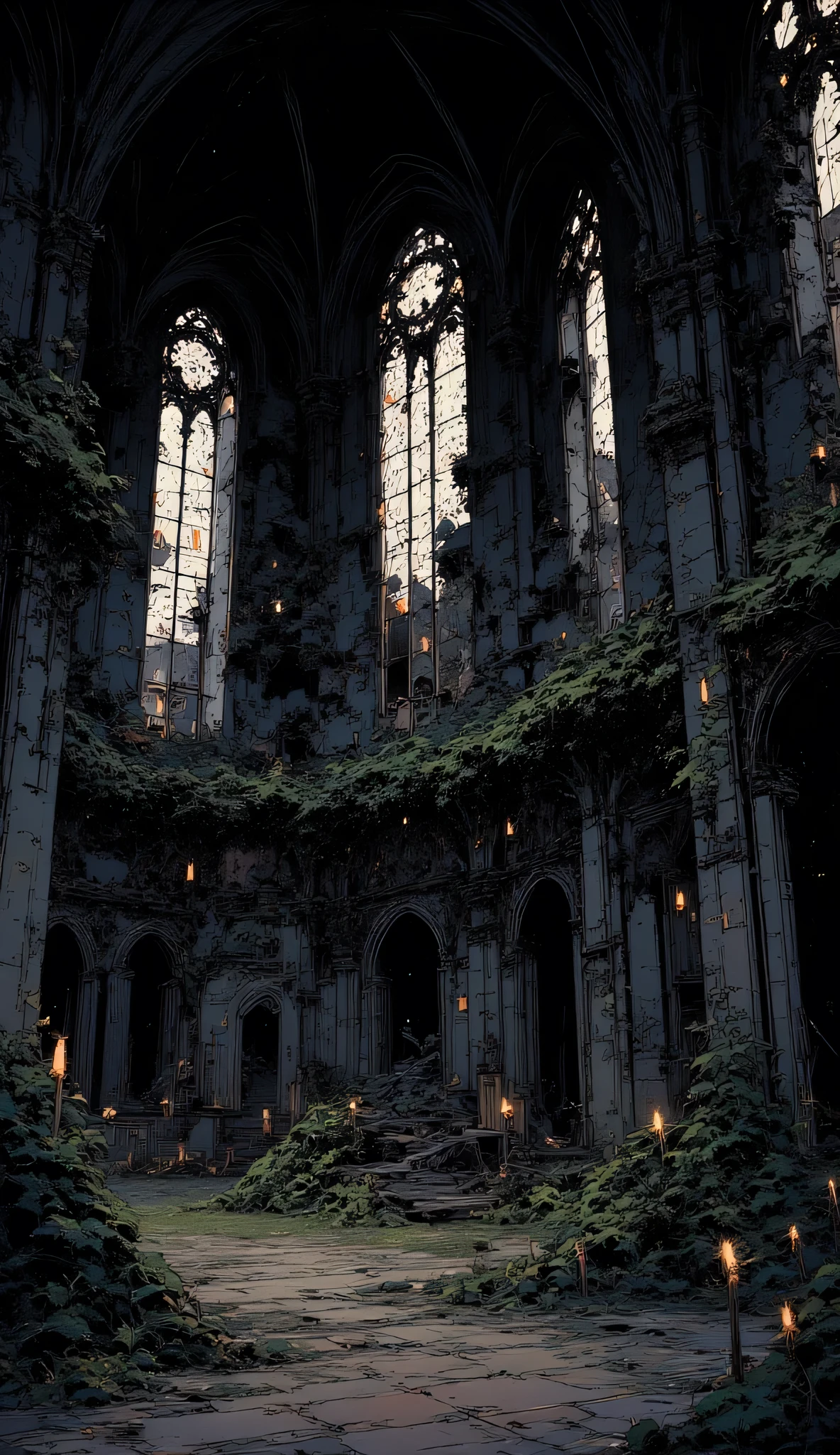 Ruined gothic church, collapsed stained glass windows, overgrown ivy covering cracked stone walls, faint candlelight in the darkness, eerie silence, post-apocalyptic mystical mood, anime style background, detailed concept art, cinematic ruined beauty.