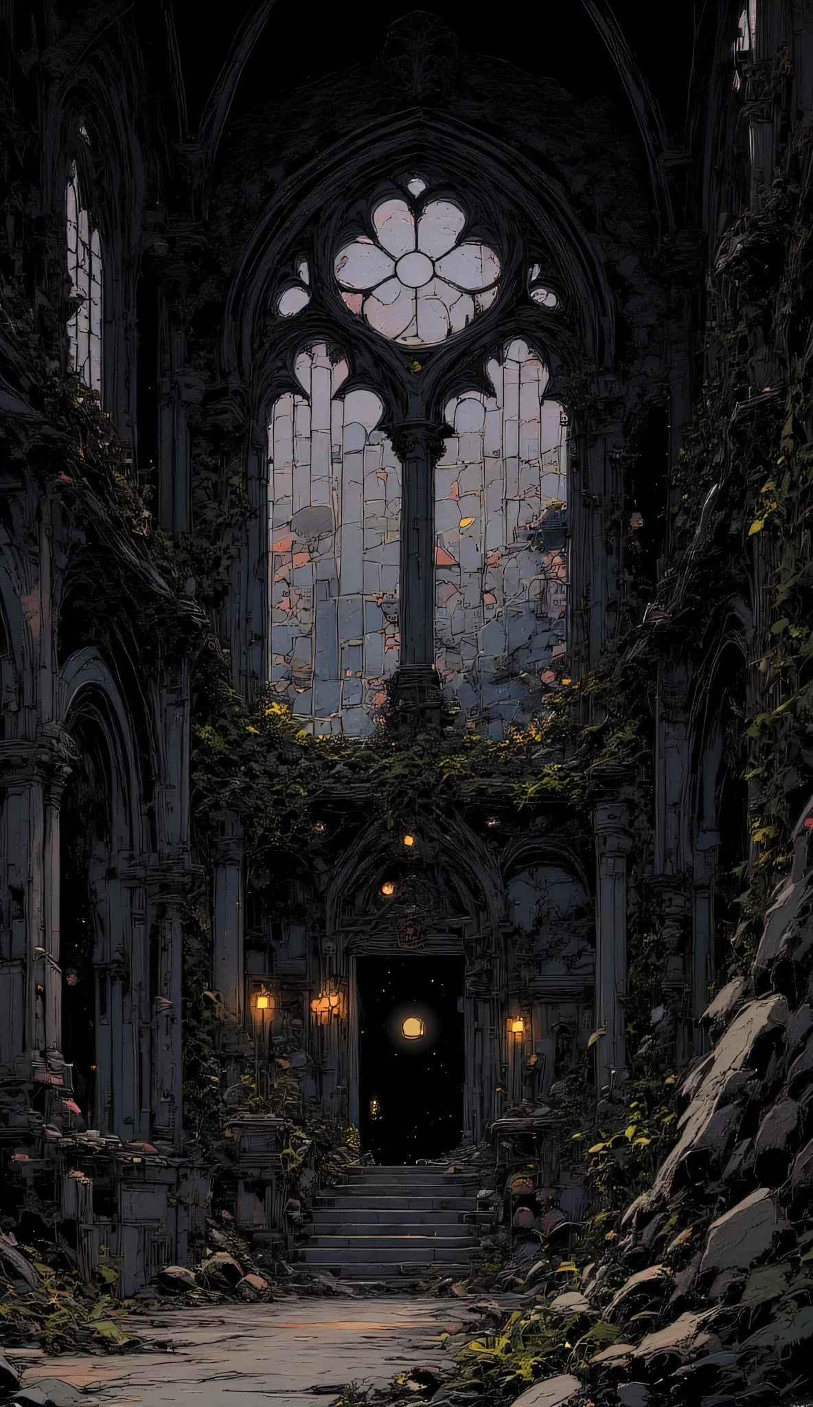 Ruined gothic church, collapsed stained glass windows, overgrown ivy covering cracked stone walls, faint candlelight in the darkness, eerie silence, post-apocalyptic mystical mood, anime style background, detailed concept art, cinematic ruined beauty.
