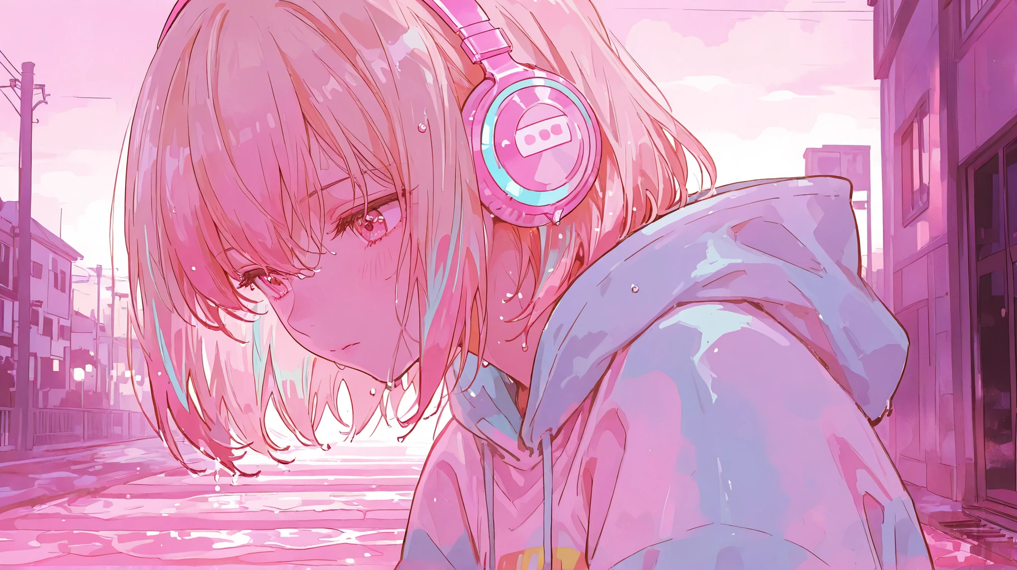 "Stylish anime girl with wavy pastel-toned hair, wearing a hoodie and pastel headphones, walking through a quiet rainy street at dusk, wet ground reflecting soft pastel colors, cinematic anime illustration, upper body focus"