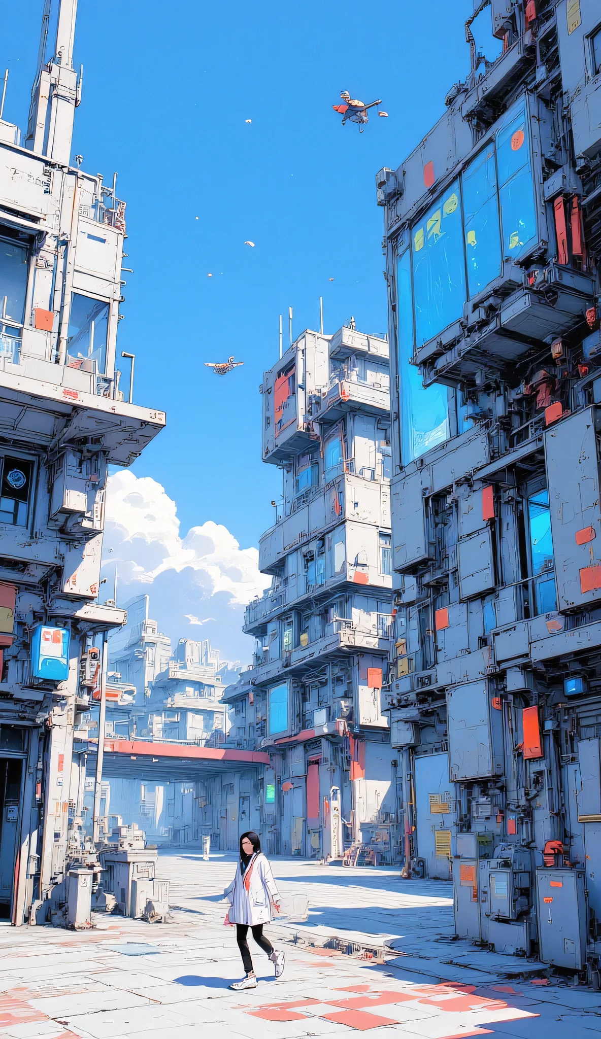 Futuristic research facility, clean metallic glass walls, shining neon signs, people in lab coats walking, security gates, hovering drones patrolling, blue sky with few clouds, modern cityscape, anime background art, bright and hopeful atmosphere.