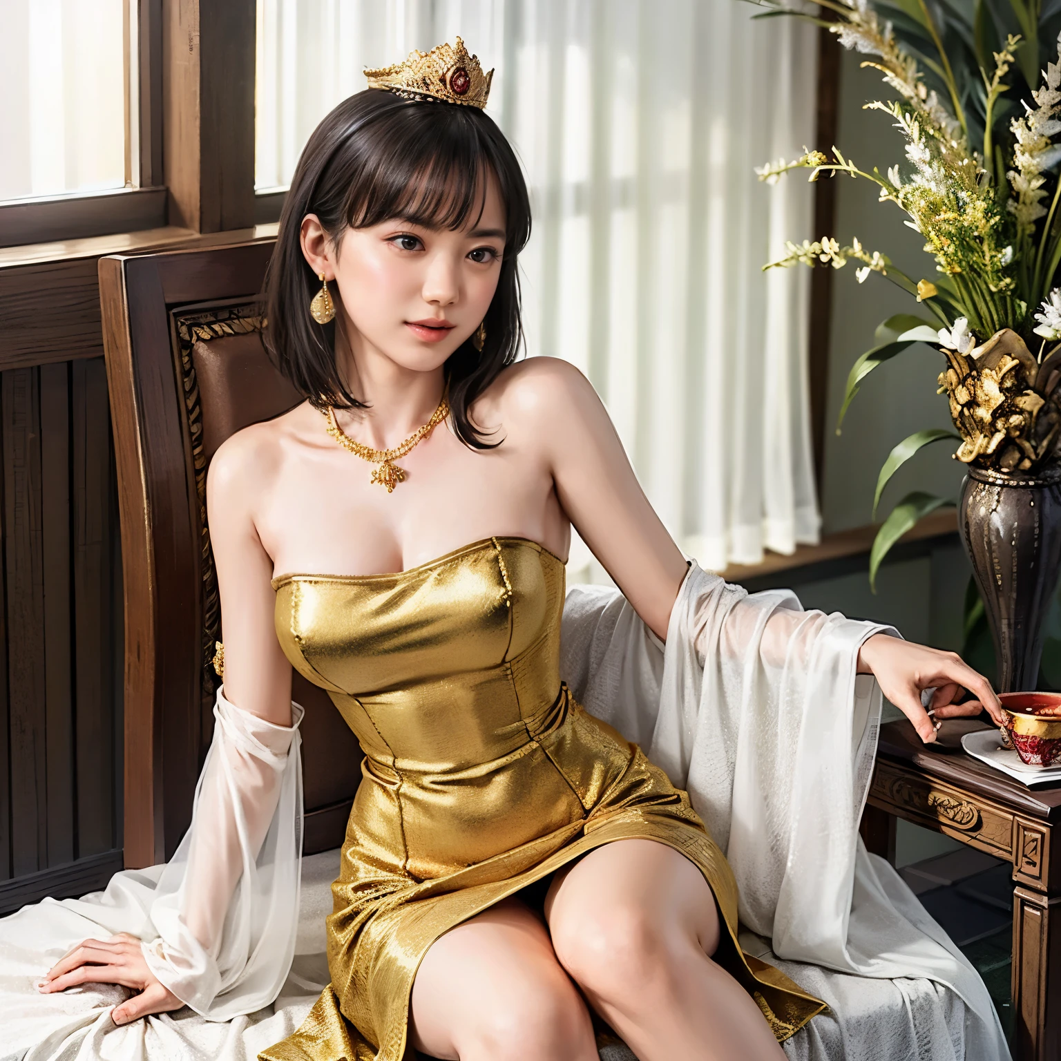 (top quality:1.3), (super detail:1.3), (masterpiece:1.3), illustrations, 1 girl, (solo), slim, thin, (I'm wearing a gold dress), straight bob hair that reaches the shoulders, earrings, necklace, (small breasts in Mbini, flat chest:0.7), asian appearance, princess, royal, Chinese Palace, night view, amazing dragon gown, gold crown, delicate embroidery, touch luxury fabric, precious jewels, There is a decorative pattern, lavish decor, luxury furniture, royal charm, beautiful face, kind smile, bright eyes, historical, traditional, district, modernity, frozen moments, beauty of the past, evolution of time, from the front, upper body