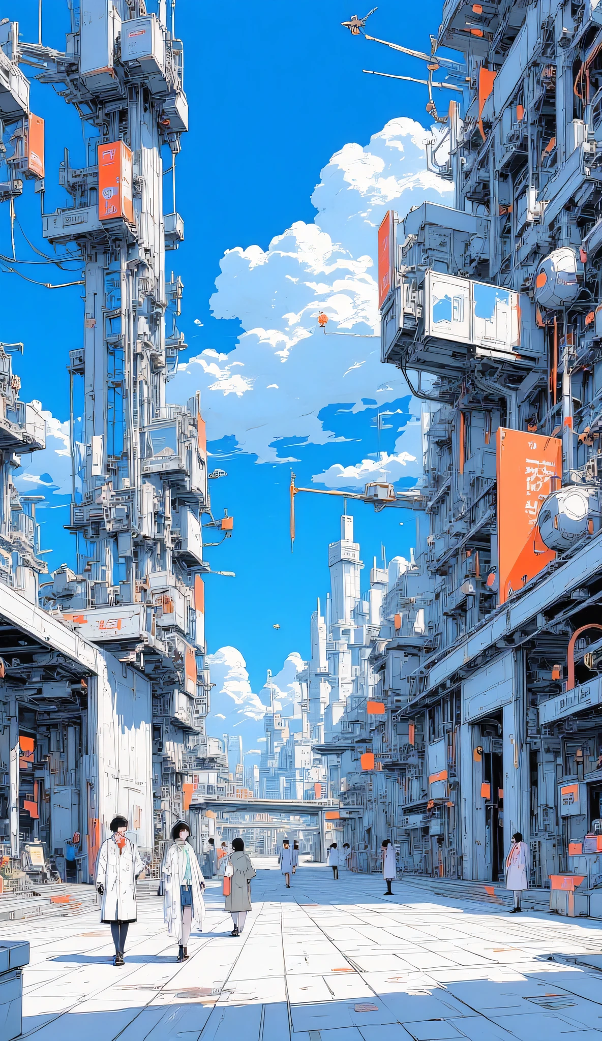 Futuristic research facility, clean metallic glass walls, shining neon signs, people in lab coats walking, security gates, hovering drones patrolling, blue sky with few clouds, modern cityscape, anime background art, bright and hopeful atmosphere.