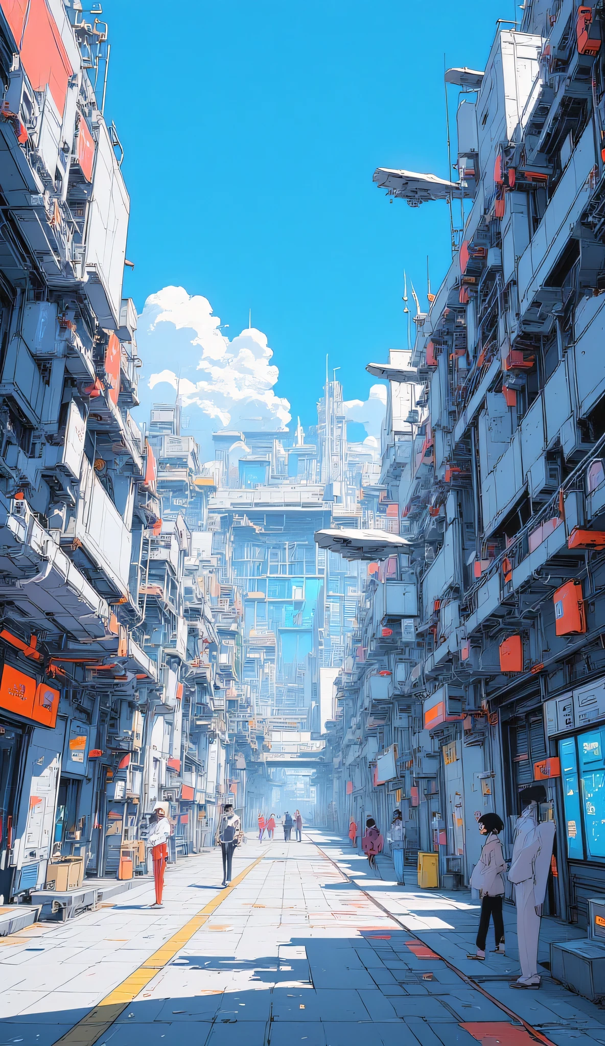 Futuristic research facility, clean metallic glass walls, shining neon signs, people in lab coats walking, security gates, hovering drones patrolling, blue sky with few clouds, modern cityscape, anime background art, bright and hopeful atmosphere.