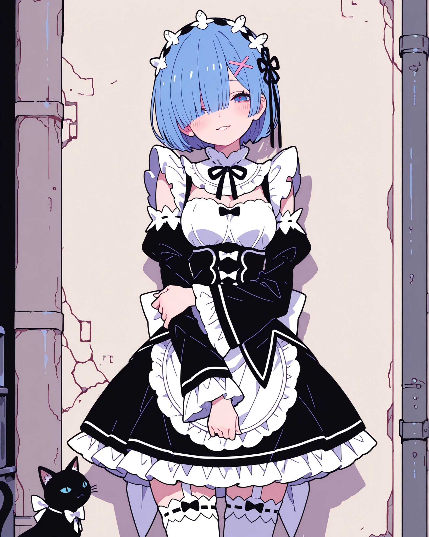 8k wallpaper , Flatline, Flat vector illustration,、 best quality 、Masterpiece、 748cm style 、 , cute face, beautiful,Female, 1 person, 1 girl,solo, rem, blue eyes, blue hair, hair ornament, hair over one eye, hair ribbon, short hair, x hair ornament,apron, black bow, black dress, black ribbon, bow, detached sleeves, dress, frilled apron, frilled sleeves, frills, juliet sleeves, long sleeves, maid, neck ribbon, puffy sleeves, ribbon, roswaal mansion maid uniform, thighhighs, two-tone dress, waist apron, white bow, white dress, white thighhighs,,, Background of back alley,messy place ,hugging a black cat 、 simple background 、seductive posing , in a sexy and seductive and graceful pose, standing , seductive eyes, blush, evil smile , view from the front