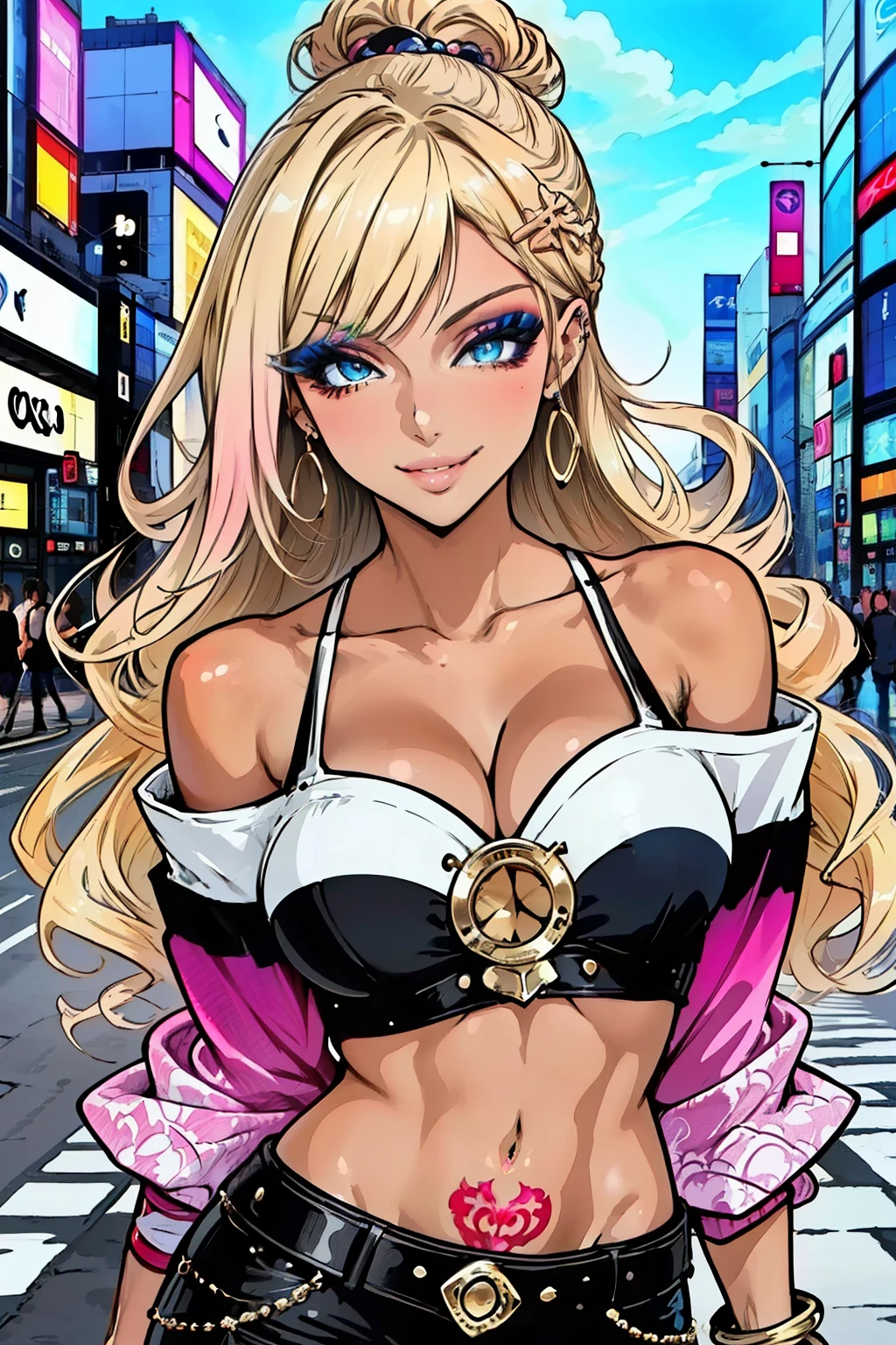 (masterpiece, best quality, high resolution, 8k:1.2), (anime coloring:1.2), highly detailed, sharp detailed, textured skin, soft lighting, ultra high definition, beautiful body, beautiful skin, beautiful breasts, beautiful arms, beautiful hands, beautiful legs, beautiful face, beautiful eyes, symmetrical eyes, (slim, lanky), (1 girl), (tanned skin:1.1), (gal makeup, pink gradient eyeshadow), (blonde hair, long hair, wavy hair, hair ornament), (fingernails, nail polish), (collarbone, tattoo, off shoulder, navel, shorts, bracelet, jewelry, boots, gal fashion), (japanese city, shibuya city, day, blue sky), smile, looking at viewer, dutch angle, soft gradient eyeshadow, subtle fine shimmer, seamless blend, two-tone layered eyeshadow technique,(upper body:1.2)
