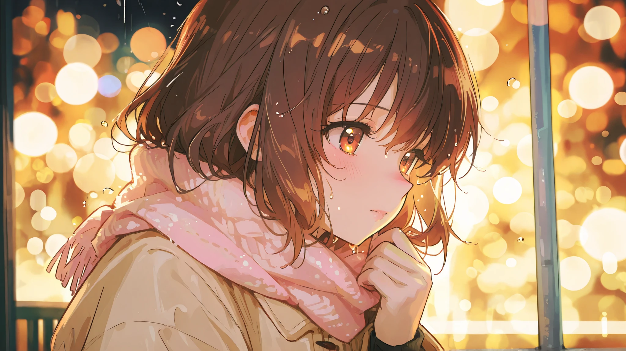 "Cute anime girl with chestnut brown hair, wearing a cozy pastel scarf and light autumn coat, under a glowing pastel streetlight after rain, soft bokeh and raindrops, gentle dreamy vibe, high-quality anime illustration, upper body close-up"