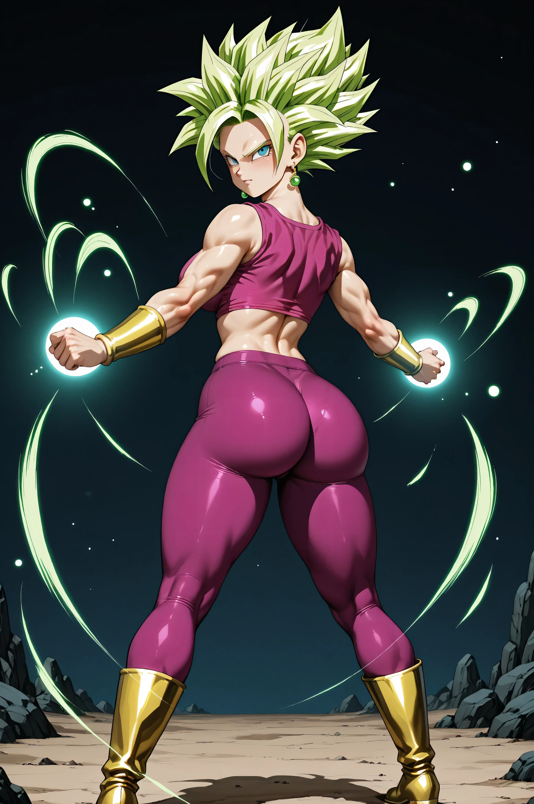 Super Saiyan Kefla from Dragon Ball Super, anime art style, standing in a powerful and  pose. View  with a dark background, simple and dramatic, almost completely black, emphasizing her glowing golden Super Saiyan aura. Her body is hyper thicc, strong, muscular yet feminine, with a big bubble  that fills her tight classic Kefla outfit.  

Her classic outfit: tight sleeveless crop top, skin-tight pants stretched over her big booty and thick thighs, green earrings, golden wristbands, and golden boots. She has radiant golden spiky Super Saiyan hair, glowing with intense energy.  

She radiates a  but powerful presence — confident, fierce expression, aura bursting with golden sparks and energy arcs. Her curves and booty are emphasized, showing she is thicc, strong and dominant, not skinny, with a perfect balance of strength and  appeal.  

Dark simple background, no distractions, only her aura lighting the scene. Epic cinematic anime style, ultra detailed, sharp focus, glowing lighting effects, vibrant colors, exaggerated proportions, hyper thicc, Dragon Ball inspired artwork.  