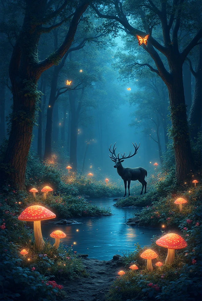 “A magical forest at night with glowing mushrooms, sparkling fireflies ...