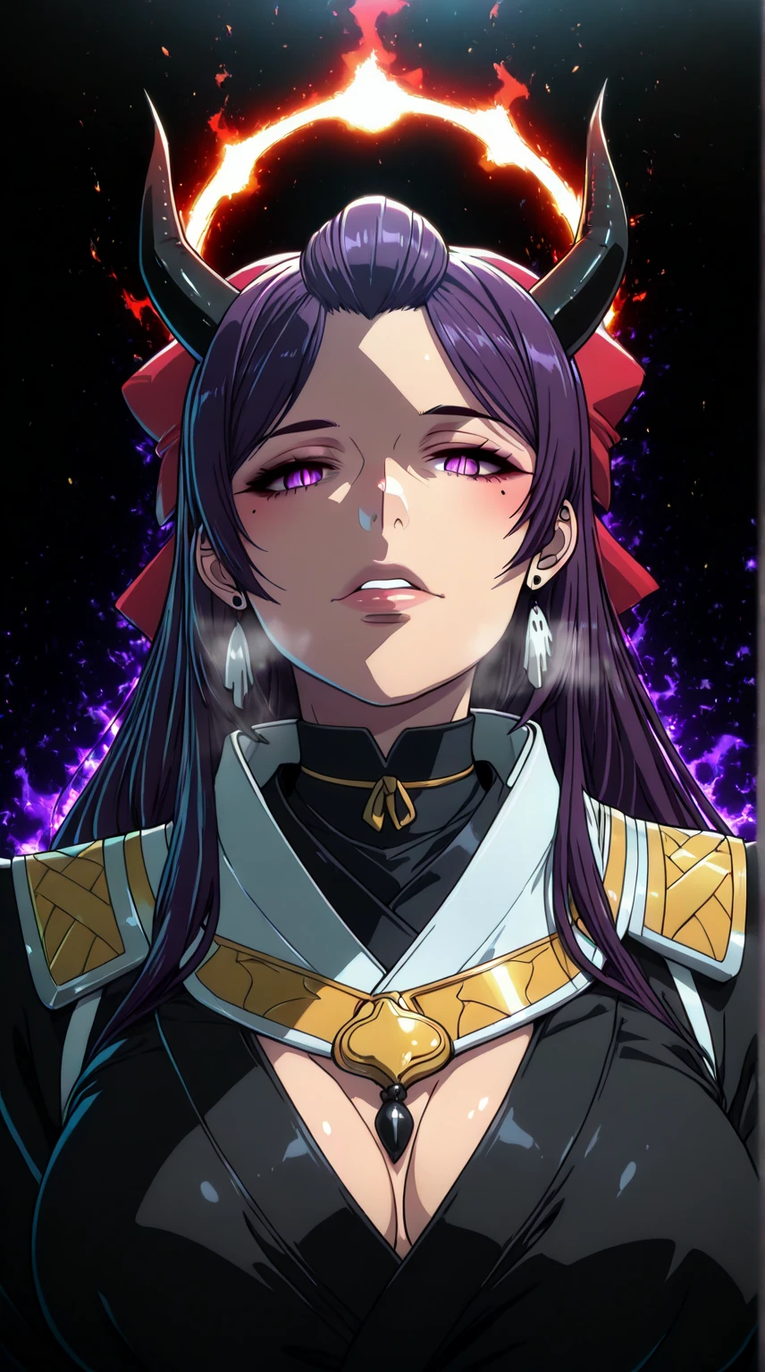 (jam-orbital-style:1.2), (zonda_(solid_air)-style:1.2), (cervina7-style:1.4), (osiimi-style:1.2), ((anatomical correct)), ((Cinematic, unreal engine, eye-catching, ambient occlusion, UHD, masterpiece)), ((perfect lighting, soft shadow)), perfect body, perfect eyes, perfect fingers, gasping, heavy breathing, gasping profusely, ((skindentation)), ((curvy)), SHIKOKU_(MATO_SEIHEI_NO_SLAVE), purple hair, purple eyes, slit pupils, long hair, hair bow, red bow, parted bangs, ribbon trim, half updo hair, bangs_pinned_back, straight hair, ((medium breasts)), (voluptuous:1.5), (mature female:1.5), ((vignetting)), (aura), (black aura:1.2), 1girl, jewelry, horns, solo, earrings, necklace, choker, parted_lips, looking_at_viewer, glowing, piercing, upper_body, demon_horns, ear_piercing, black_choker, glowing_eyes, tattoo, black_background, lips, japanese_clothes, demon_girl