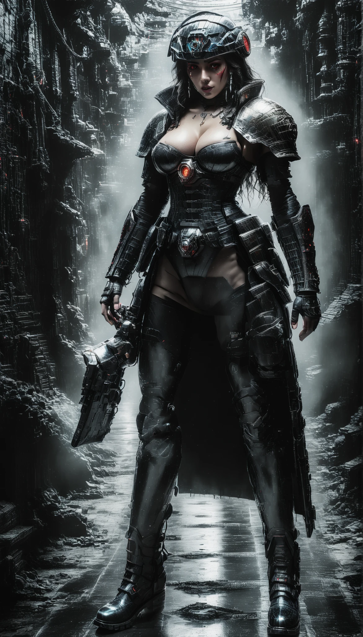 Important (military uniform, bloodborn coat, detective, warhammer 40 000 theme, battle sister, space marine armor, very wide hips, thicc lower body, big breast):
Scene (space ship corridor):
Character Face ( focused, red chicks, glowing pupils, make up, augmentations on right side, tatto on left side):
Character Body (oiled skin, sweat skin, huge tits busting out, neon glowing electric rings, neon glowing electric collar, wide hips huge ass, thicc legs, big, ass cheeks, hips trapezoidal, big butt, wide hips, thin waist):
Character Hair (bob, black):
Character Clothes (long coat, gun in hand, tight beige leggins, commissioner long coat, zippers belts, garter belt, high heeled tight high boots on the ground, stockings, micro thongs, steel chest armor):
Character Action (walking with butt plug):
View (full body):
Scene light (strong, lighting, emphasizing curves):
Color tones (rich and vibrant colors, warm tones, saturated, contrasted):
Image quality (illustration, photography, 8k, super detail, best quality, 8k, high details, anatomically correct, masterpiece, highres, best quality, award winning, high quality, high details, super detail, erotic art, pin-up, glamour, fine art photography):