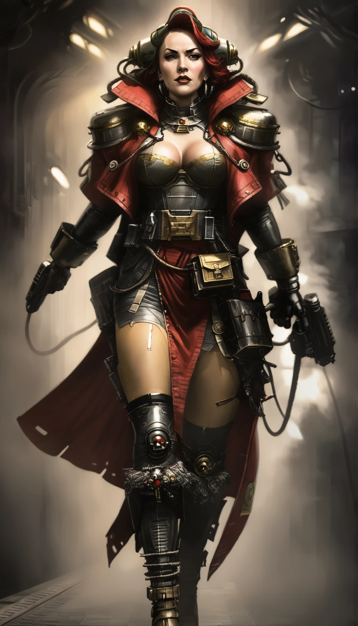 Important (military uniform, bloodborn coat, detective, warhammer 40 000 theme, battle sister, space marine armor, very wide hips, thicc lower body, big breast):
Scene (space ship corridor):
Character Face ( focused, red chicks, glowing pupils, make up, augmentations on right side, tatto on left side):
Character Body (oiled skin, sweat skin, huge tits busting out, neon glowing electric rings, neon glowing electric collar, wide hips huge ass, thicc legs, big, ass cheeks, hips trapezoidal, big butt, wide hips, thin waist):
Character Hair (bob, black):
Character Clothes (long coat, gun in hand, tight beige leggins, commissioner long coat, zippers belts, garter belt, high heeled tight high boots on the ground, stockings, micro thongs, steel chest armor):
Character Action (walking with butt plug):
View (full body):
Scene light (strong, lighting, emphasizing curves):
Color tones (rich and vibrant colors, warm tones, saturated, contrasted):
Image quality (illustration, photography, 8k, super detail, best quality, 8k, high details, anatomically correct, masterpiece, highres, best quality, award winning, high quality, high details, super detail, erotic art, pin-up, glamour, fine art photography):