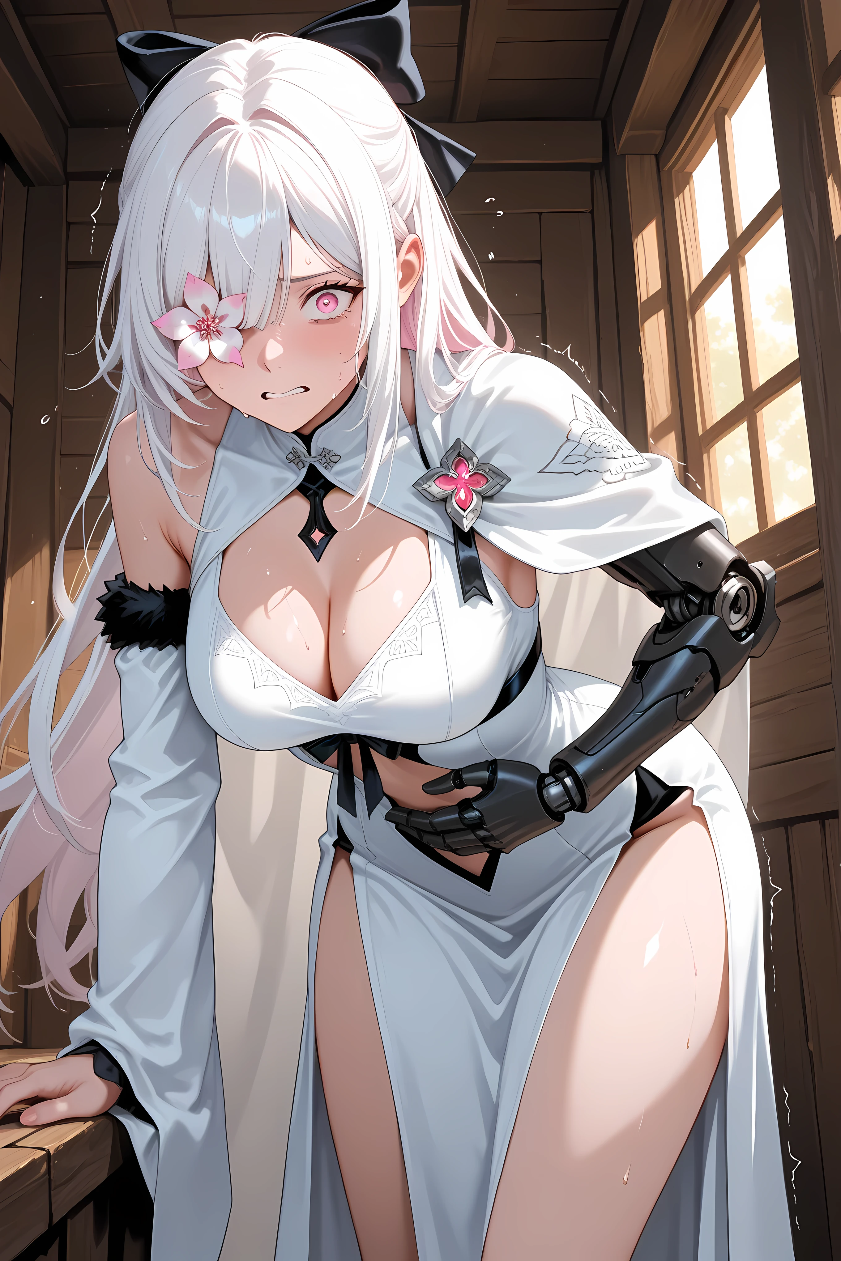 ZeroDrak, white hair, hair bow, flower over eye, pink eyes, cleavage, white cape, detached white sleeves, left black single mechanical arm, right normal arm, white stomach cutout,

Solo, general, masterpiece, highres, ultra-detailed, hyper-detailed, best quality,  amazing quality, very aesthetic, best hands, best eyes, best hand
adult woman, 1woman, hand on own stomach, sweat,  leaning forward, nervous, scared, trembling legs, half body shot, 
Inside a dark brown wooden cabin, 
