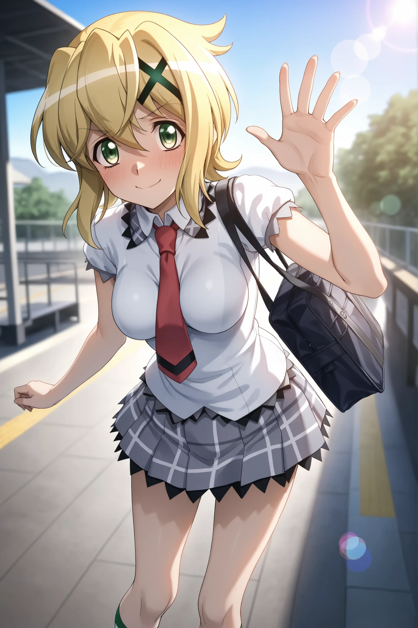 Station platform, outdoors、solo,symphogear,akatsuki kirika,((lens flare))、A slightly embarrassed smile、Standing pose 、five fingers、、school_uniform, shirt, short_sleeves, pleated_skirt, red_necktie,