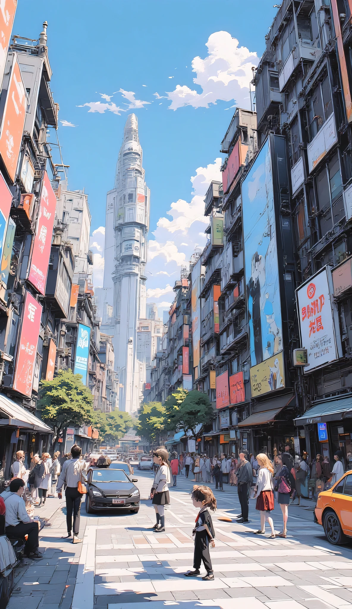 Busy crosswalk in a futuristic city, large digital billboards, people in business suits and students, cars passing with clean electric engines, sunny weather, anime background art, lively but peaceful atmosphere.