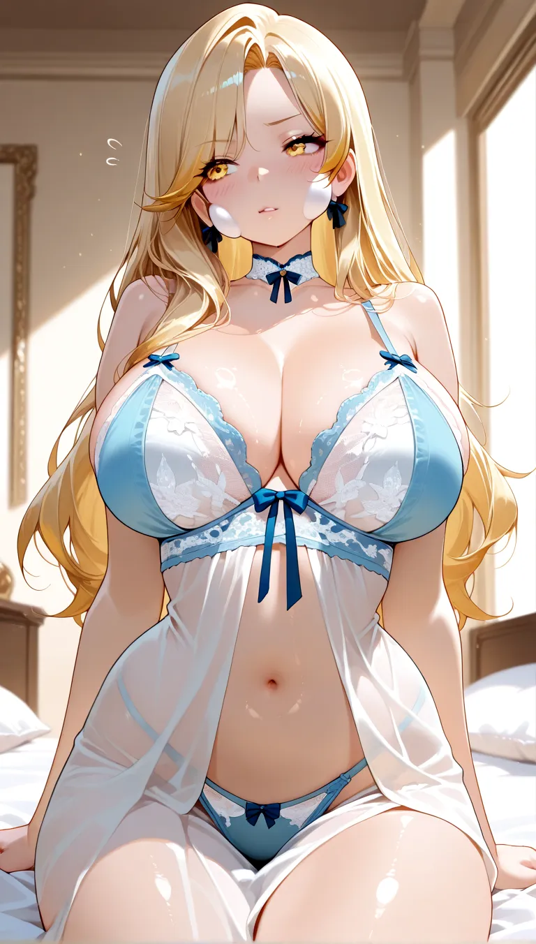 (very :1.5),),(Korean Girls),(happy sick expression),(Transparent light blue lace lingerie,necklace,earring,Hair Ribbon),(,covered in )