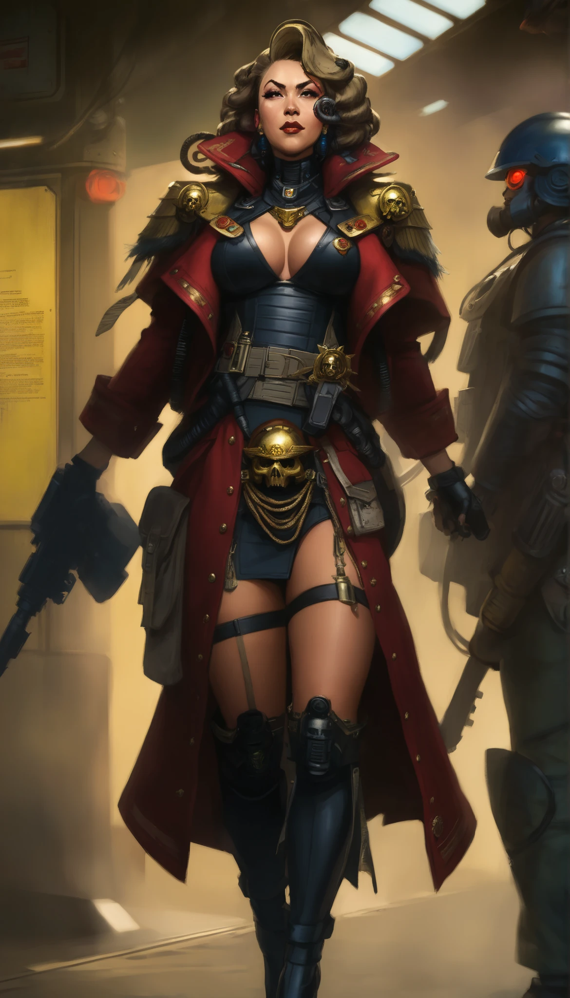 Important (military uniform, bloodborn coat, detective, warhammer 40 000 theme, battle sister, space marine armor, very wide hips, thicc lower body, big breast):
Scene (space ship corridor):
Character Face ( focused, red chicks, glowing pupils, make up, augmentations on right side, tatto on left side):
Character Body (oiled skin, sweat skin, huge tits busting out, neon glowing electric rings, neon glowing electric collar, wide hips huge ass, thicc legs, big, ass cheeks, hips trapezoidal, big butt, wide hips, thin waist):
Character Hair (bob, black):
Character Clothes (long coat, gun in hand, tight beige leggins, commissioner long coat, zippers belts, garter belt, high heeled tight high boots on the ground, stockings, micro thongs, steel chest armor):
Character Action (walking with butt plug):
View (full body):
Scene light (strong, lighting, emphasizing curves):
Color tones (rich and vibrant colors, warm tones, saturated, contrasted):
Image quality (illustration, photography, 8k, super detail, best quality, 8k, high details, anatomically correct, masterpiece, highres, best quality, award winning, high quality, high details, super detail, erotic art, pin-up, glamour, fine art photography):
