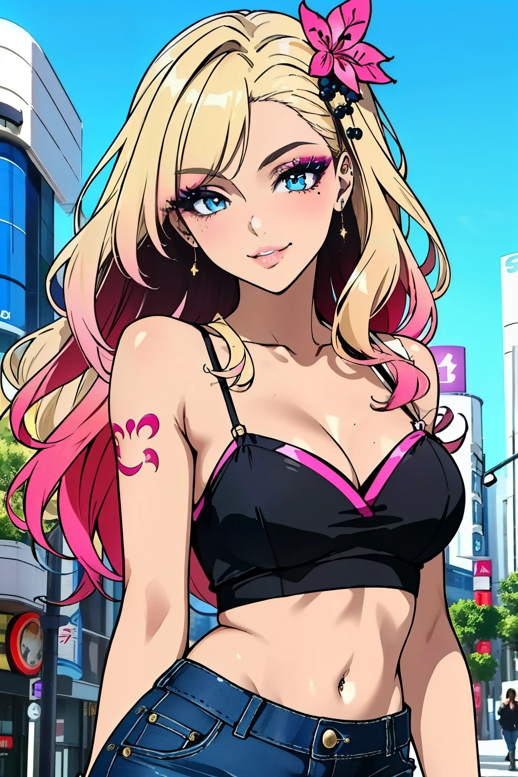 (masterpiece, best quality, high resolution, 8k:1.2), (anime coloring:1.2), highly detailed, sharp detailed, textured skin, soft lighting, ultra high definition, beautiful body, beautiful skin, beautiful breasts, beautiful arms, beautiful hands, beautiful legs, beautiful face, (beautiful eyes, brown eyes), symmetrical eyes, (slim, lanky), (1 girl), (tanned skin:1.1), (gal makeup, false eyelashes, pink gradient eyeshadow), (blonde hair, long hair, wavy hair, hair ornament), (fingernails, nail polish), (collarbone, tattoo, camisole, navel, shorts, bracelet, jewelry, boots, gal fashion), (japanese city, shibuya city, day, blue sky), (upper body:1.2), smile, looking at viewer, dutch angle, soft gradient eyeshadow, subtle fine shimmer, seamless blend, two-tone layered eyeshadow technique,
