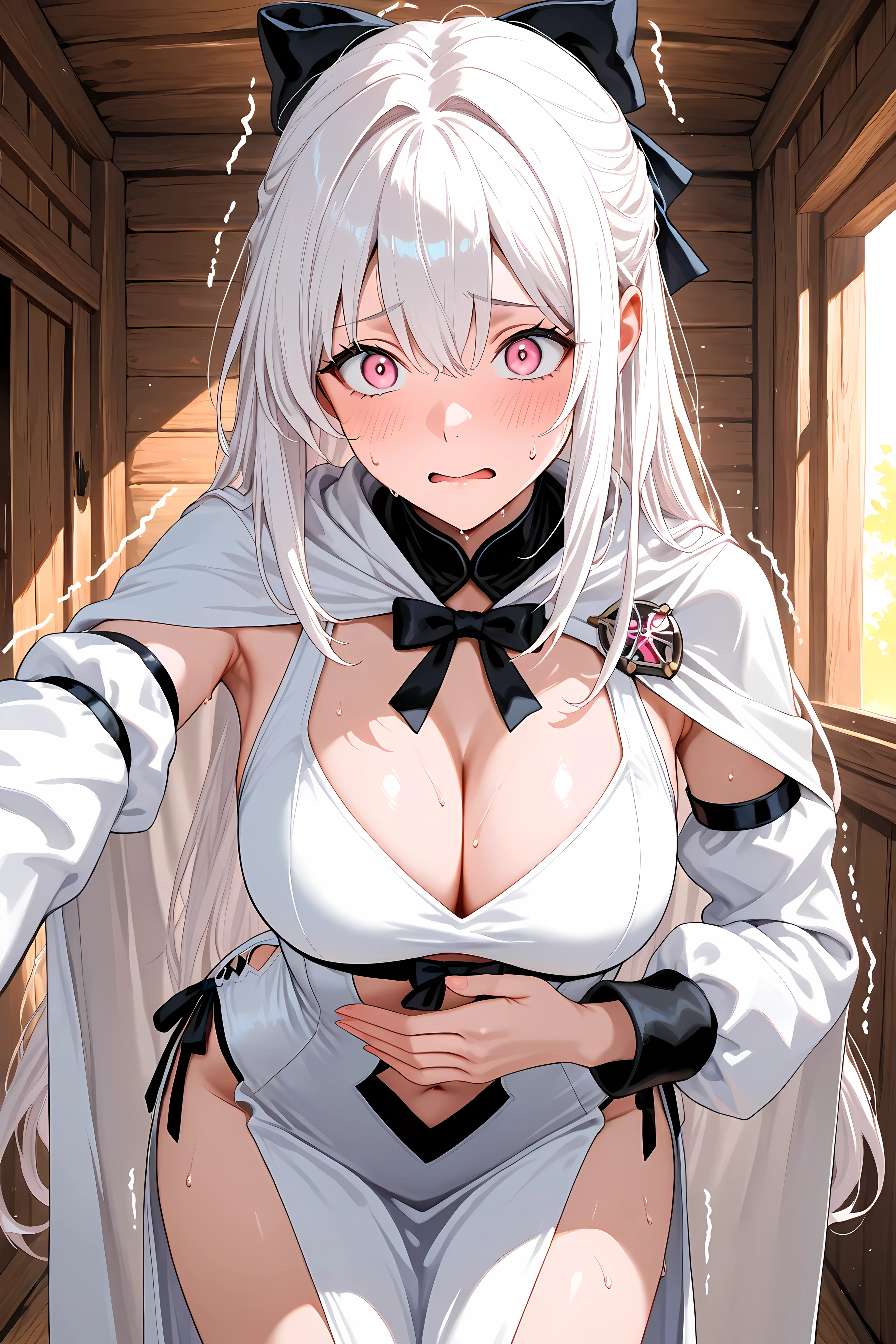  ZeroDrak, white hair, hair bow,  pink eyes, cleavage, white cape, detached white sleeves,  white stomach cutout,

Solo, general, masterpiece, highres, ultra-detailed, hyper-detailed, best quality,  amazing quality, very aesthetic, best hands, best eyes, best hand
adult woman, 1woman, hand on own stomach, sweat,  leaning forward, nervous, scared, trembling legs, half body shot, 
Inside a dark brown wooden cabin, 
