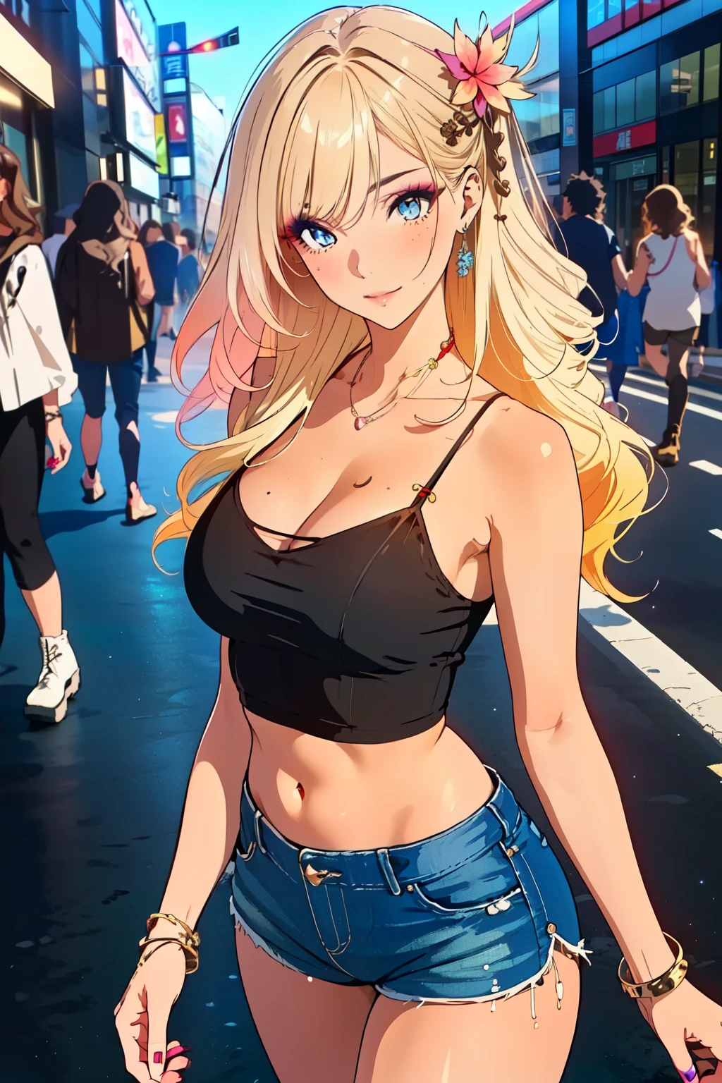 (masterpiece, best quality, high resolution, 8k:1.2), (anime coloring:1.2), highly detailed, sharp detailed, textured skin, soft lighting, ultra high definition, beautiful body, beautiful skin, beautiful breasts, beautiful arms, beautiful hands, beautiful legs, beautiful face, (beautiful eyes, brown eyes), symmetrical eyes, (slim, lanky), (1 girl), (tanned skin:1.1), (gal makeup, false eyelashes, pink gradient eyeshadow), (blonde hair, long hair, wavy hair, hair ornament), (fingernails, nail polish), (collarbone, tattoo, camisole, navel, shorts, bracelet, jewelry, boots, gal fashion), (japanese city, shibuya city, day, blue sky), (upper body:1.2), smile, looking at viewer, dutch angle, soft gradient eyeshadow, subtle fine shimmer, seamless blend, two-tone layered eyeshadow technique,