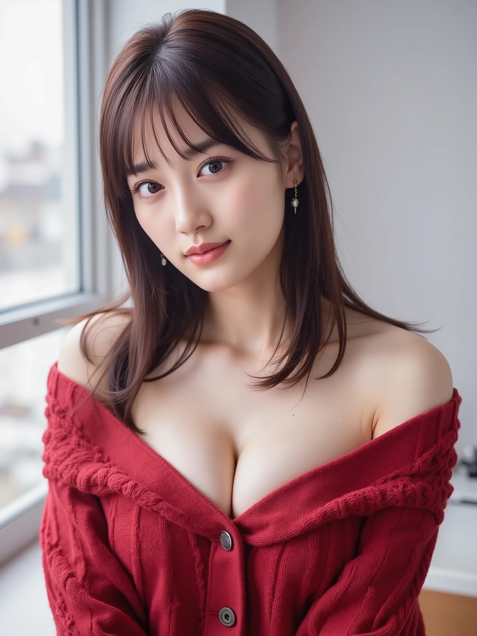 A Girl,alone,long black hair,Beautiful detailed eye area,Balanced Face,Large off-the-shoulder red knit sweater with loose chest ,打開雙腿, Hotel room,盤著腿坐在沙發上, perfect hand,Very shy,necklace, Earrings,(beautiful breasts :1.8),(beautiful cleavage :2.5),(nude:3.5),(No underwear:3.5),(Not wearing bra:3.5),(Look at me and smile:1.2),(極瘦修長身材:1.1),(骨感身材:1.1),(細腰 :1.1),(手臂很細:1.1),修長美腿,color temperature 5500K,with white tones