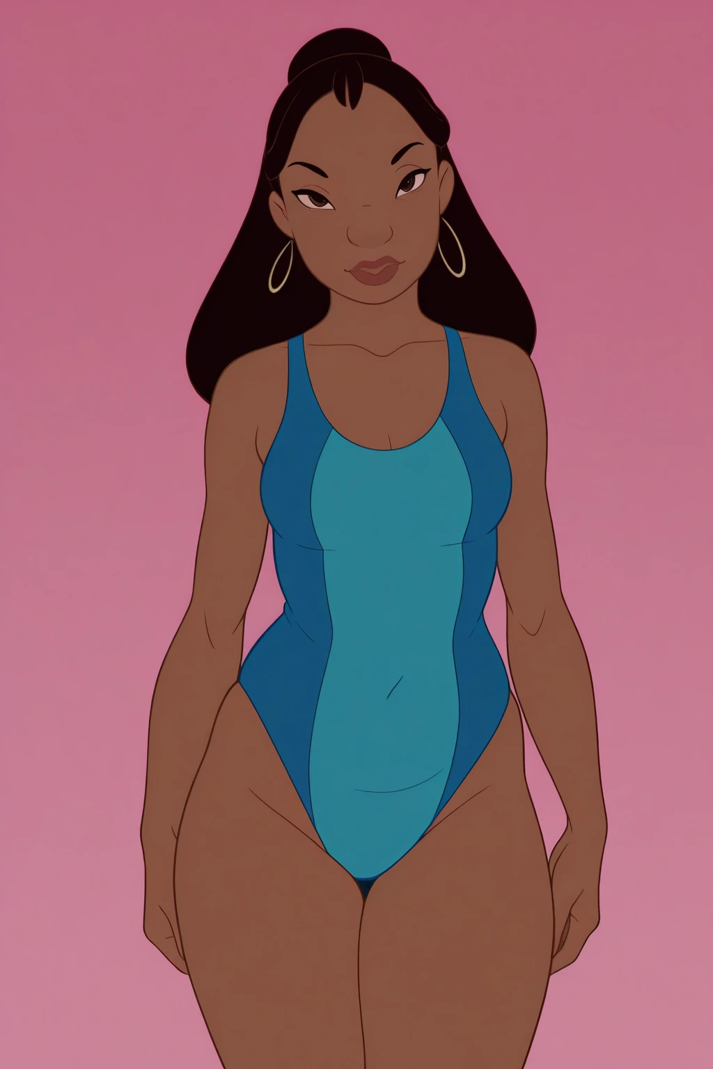 score_9, score_8_up, 
 <lora:Nani_Pelekai__Lilo__Stitch_:1> nani,brown eyes, dark skin, long black hair,small breasts,naniswim,green striped blue bikini,striped bikini,navel,
BREAK
skinny, flat chest,
sl1m_th1g4p, <lora:slim_thigh_gap-000007:1.0>