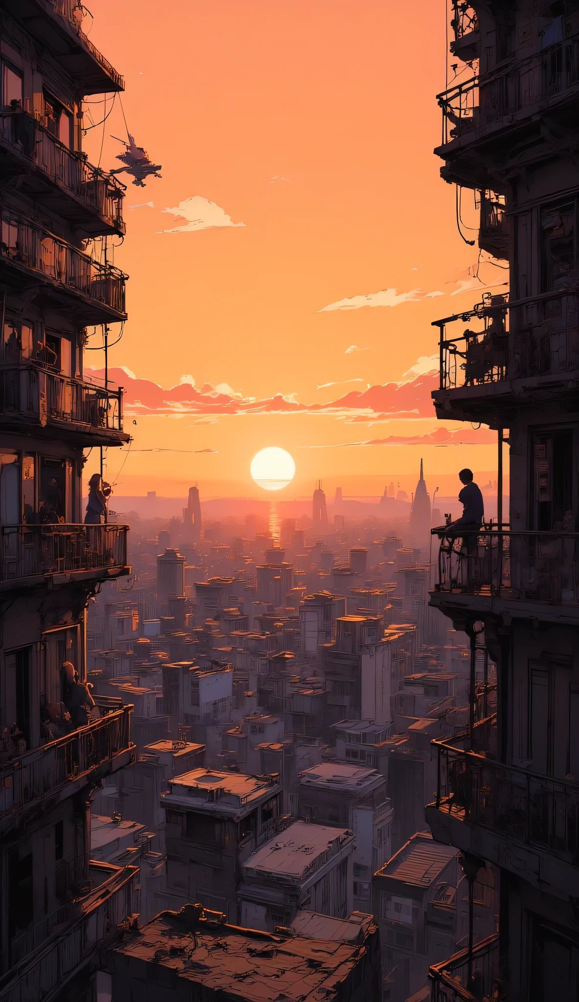 Sunset view from skyscraper rooftop, glass reflecting golden sunlight, airplanes flying, people on balconies enjoying the view, calm city below, anime background art, cinematic and warm mood, pre-apocalypse serenity.
