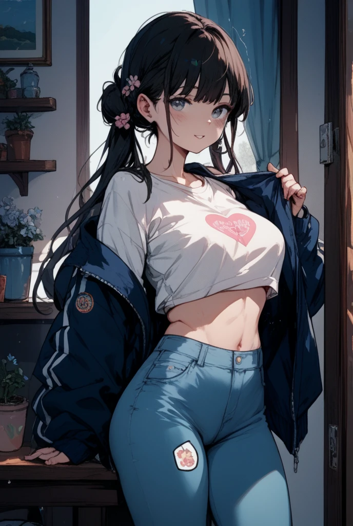 score_9, score_8_up, score_7_up, source_anime, female, focused, shorts, tank top, overhang, navel, midriff, collarbone, necklace, blue eyes, thigh strap, medium breasts, white background, high ponytail, semi-rimless eyewear, bare arms, open fly,