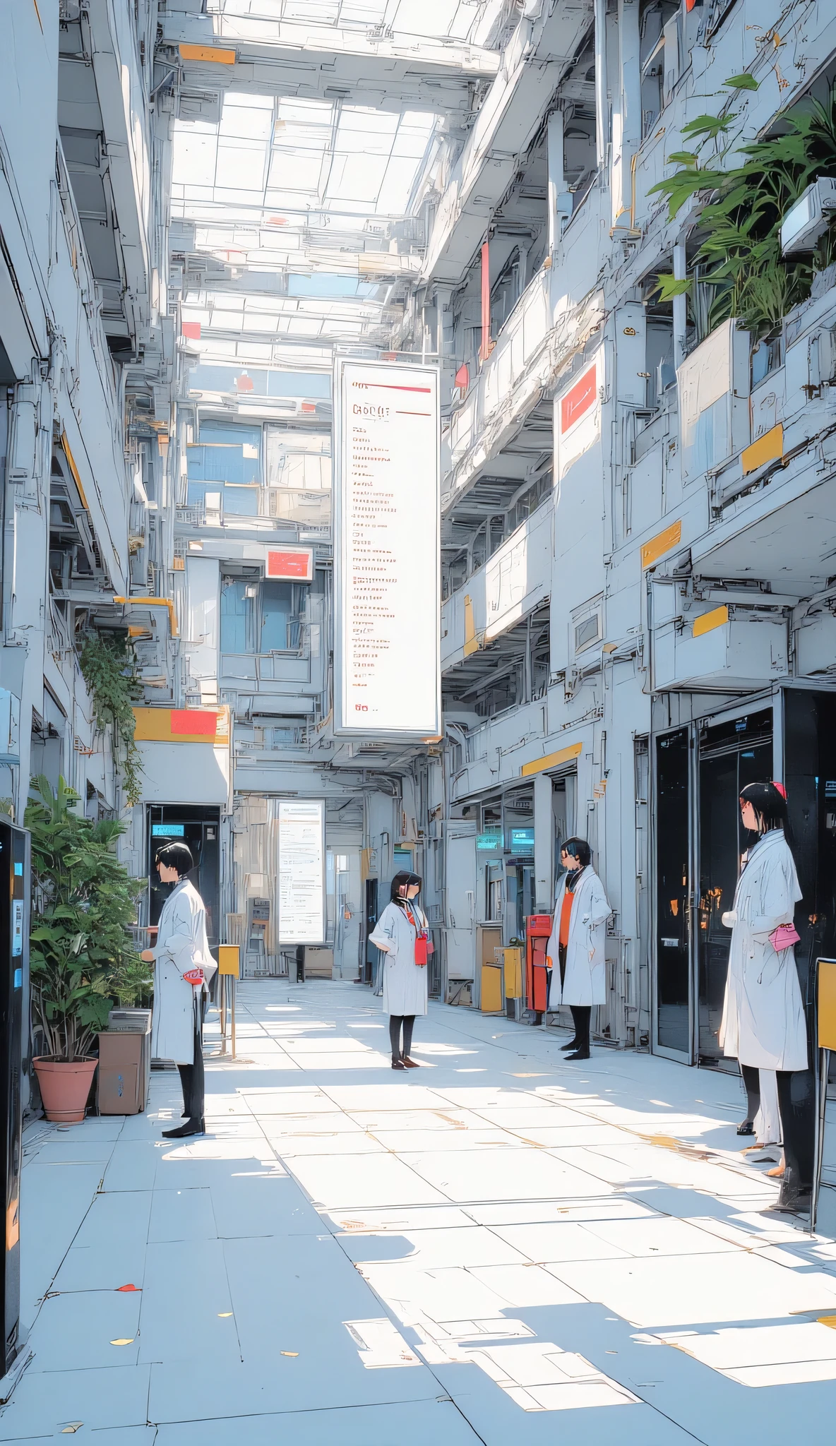 High-tech laboratory lobby, polished white floors, holographic directory signs, glass elevators, scientists chatting, security guards standing near metal detectors, plants placed neatly, warm sunlight from skylight, anime concept art, sterile and welcoming atmosphere.