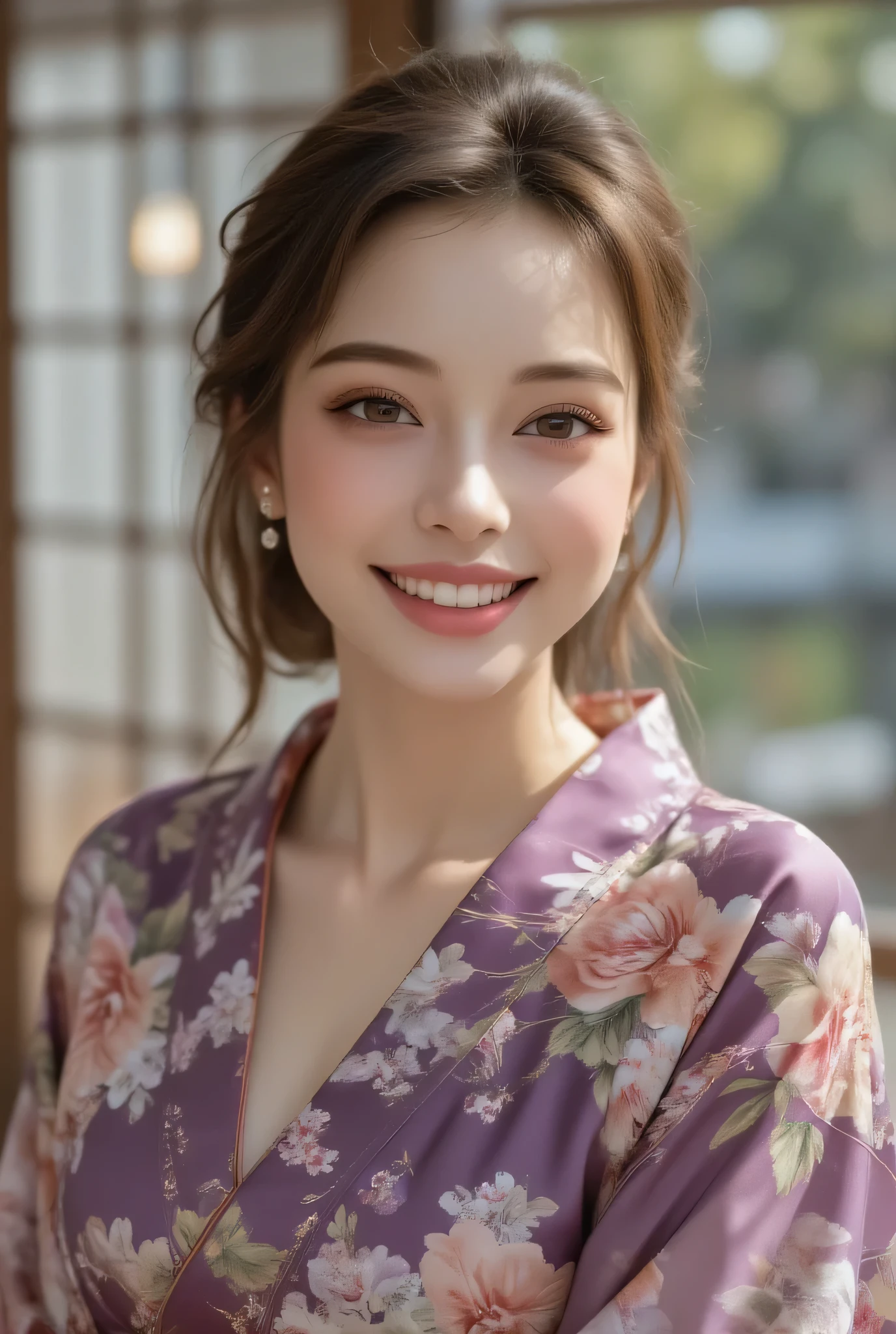 Sophisticated woman in high-end traditional Japanese restaurant private room, floral deep purple elegant kimono, perfectly fitted premium fabric, alluring smile with flawless white teeth, clear brown eyes, modern hairstyle, crimson obi and accessories, cowboy shot above knee, evening Japanese garden view through shoji screens, photorealistic texture blending tradition and modernity