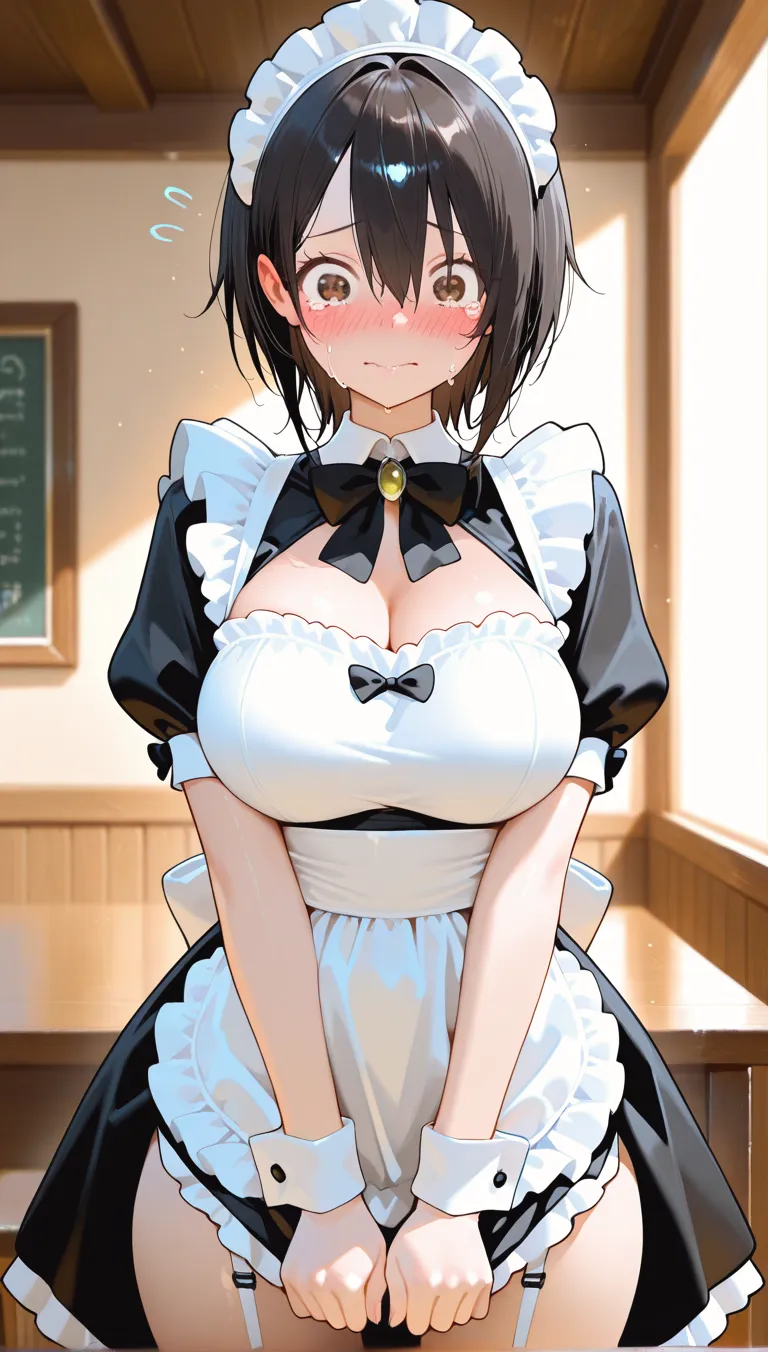 score_9, score_7_up,
BREAK
solo, 1girl, expressionless, looking at viewer, ,  closed mouth,
<lora:ma-kurou-TamuraYuri:1>, t4muraYur1, black hair, choppy bangs, medium bangs, low twintails, large breasts, purple eyes,
impossible clothes, skirt, dress, bow, ribbon, cleavage, frills, puffy short sleeves, wrist cuffs, maid, maid headdress, detached collar, waist apron, maid apron, neck ribbon,
BREAK
Snapping fingers,
cliff, sheer drop, panoramic view, breathtaking,