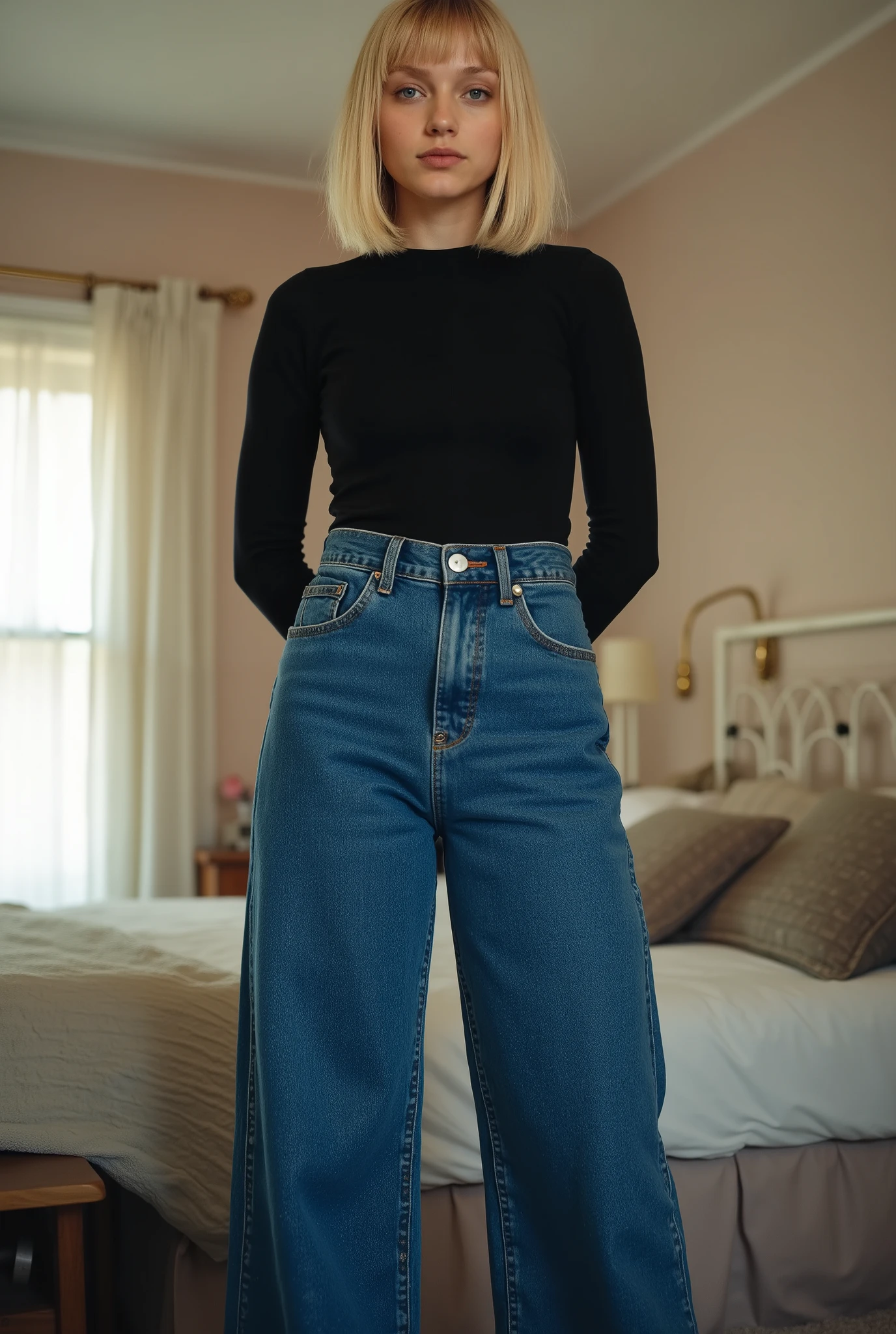 tgnd,exceptionally tall young adult woman, youthful, towering above viewer, girl next door vibes, blonde hair, straight mid-length bob, middle part, no makeup, vivid striking blue eyes, tight form-fitting fine ribbed black longsleeve crew-neck top, tucked into high-waisted blue denim jeans, jeans in strong vivid blue color, fitted at waist and hips, straight wide legs, dominant confident standing pose, legs apart, shoulders squared, arms relaxed with presence, commanding expression, strict gaze, looking directly at viewer, youthful bedroom interior, low camera angle, full body shot, photorealistic, high detail, realistic lighting, cinematic atmosphere