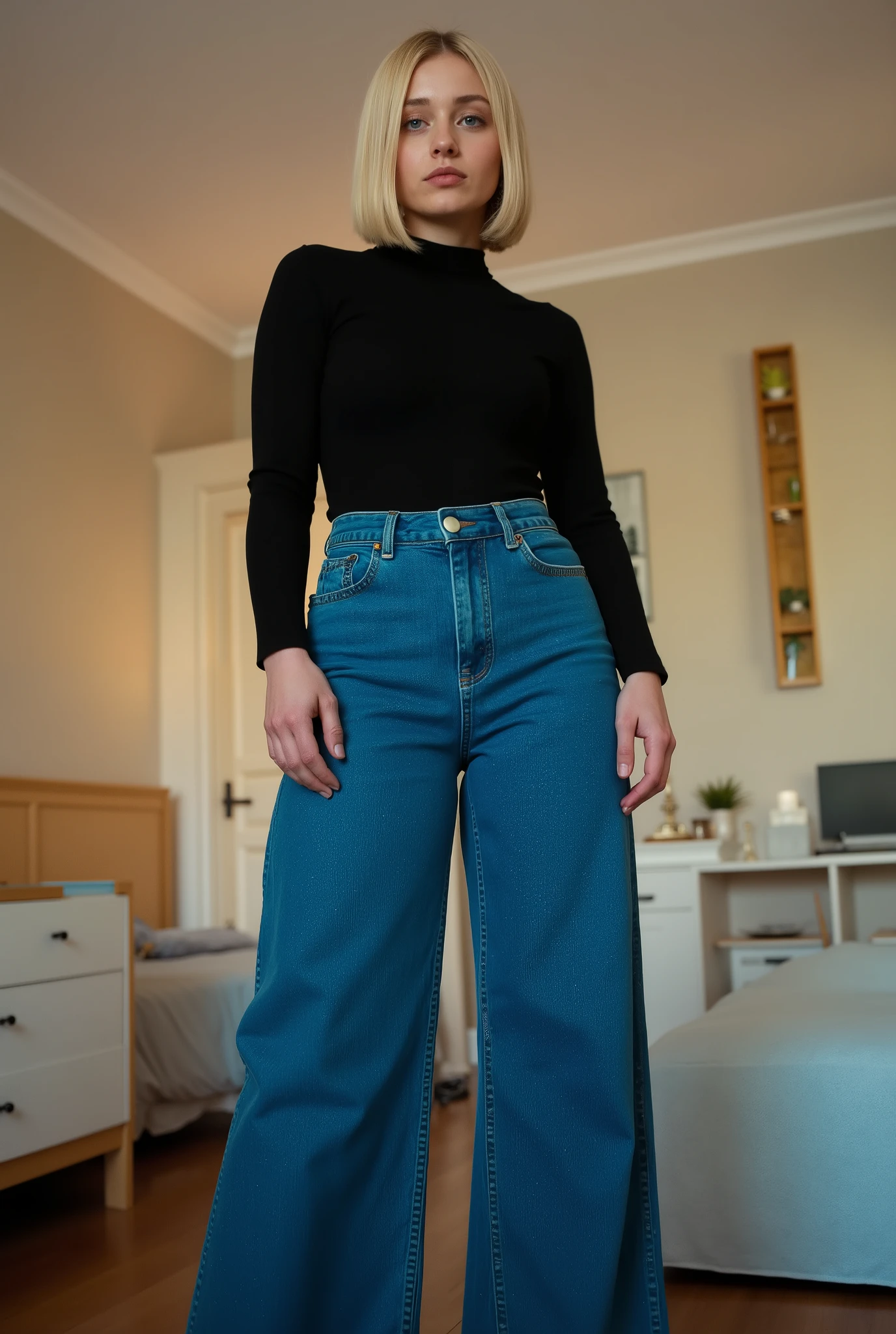 tgnd,exceptionally tall young adult woman, youthful, towering above viewer, girl next door vibes, blonde hair, straight mid-length bob, middle part, no makeup, vivid striking blue eyes, tight form-fitting fine ribbed black longsleeve crew-neck top, tucked into high-waisted blue denim jeans, jeans in strong vivid blue color, fitted at waist and hips, straight wide legs, dominant confident standing pose, legs apart, shoulders squared, arms relaxed with presence, commanding expression, strict gaze, looking directly at viewer, youthful bedroom interior, low camera angle, full body shot, photorealistic, high detail, realistic lighting, cinematic atmosphere