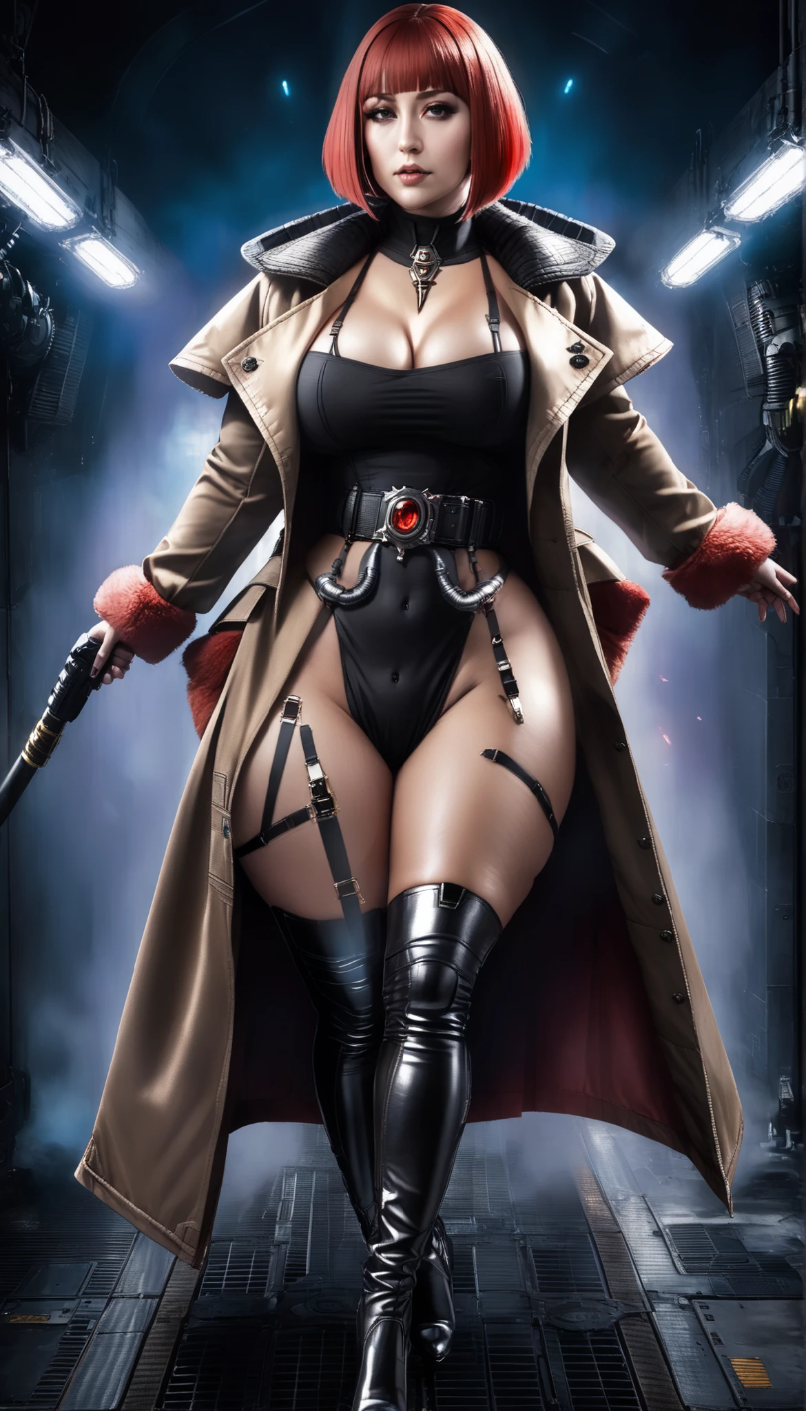 Important (military uniform, bloodborn coat, detective, warhammer 40 000 theme, battle sister, space marine armor, very wide hips, thicc lower body, big breast):
Scene (space ship corridor):
Character Face ( focused, red chicks, glowing pupils, make up, augmentations on right side, tatto on left side):
Character Body (oiled skin, sweat skin, huge tits busting out, neon glowing electric rings, neon glowing electric collar, wide hips huge ass, thicc legs, big, ass cheeks, hips trapezoidal, big butt, wide hips, thin waist):
Character Hair (bob, black):
Character Clothes (long coat, gun in hand, tight beige leggins, commissioner long coat, zippers belts, garter belt, high heeled tight high boots on the ground, stockings, micro thongs, steel chest armor):
Character Action (walking with butt plug):
View (full body):
Scene light (strong, lighting, emphasizing curves):
Color tones (rich and vibrant colors, warm tones, saturated, contrasted):
Image quality (illustration, photography, 8k, super detail, best quality, 8k, high details, anatomically correct, masterpiece, highres, best quality, award winning, high quality, high details, super detail, erotic art, pin-up, glamour, fine art photography):