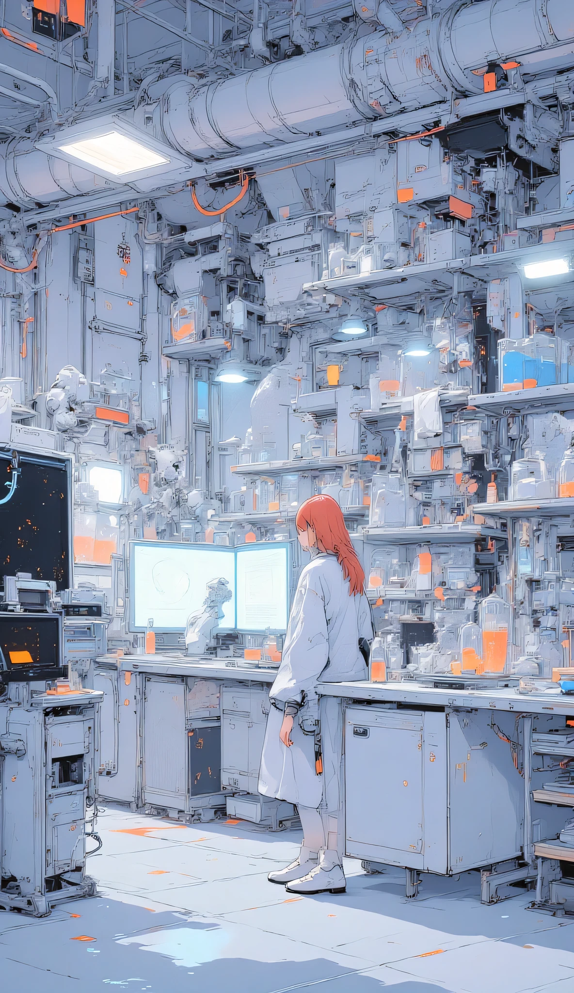 Modern futuristic laboratory, glowing computer screens, robotic arms assisting with experiments, glass containers with glowing liquids, shelves with research samples, scientists working calmly, clean white and silver environment, anime style background, sterile high-tech mood.