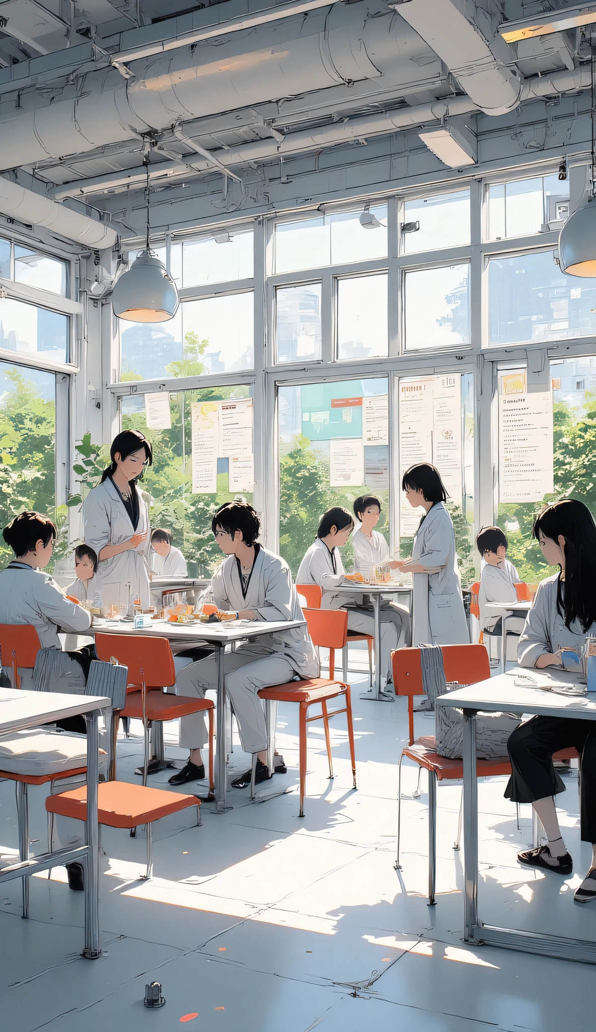 Modern research facility cafeteria, clean tables, digital menu boards, scientists and staff eating lunch, large glass windows with garden view, soft sunlight, anime background art, bright and relaxed mood.