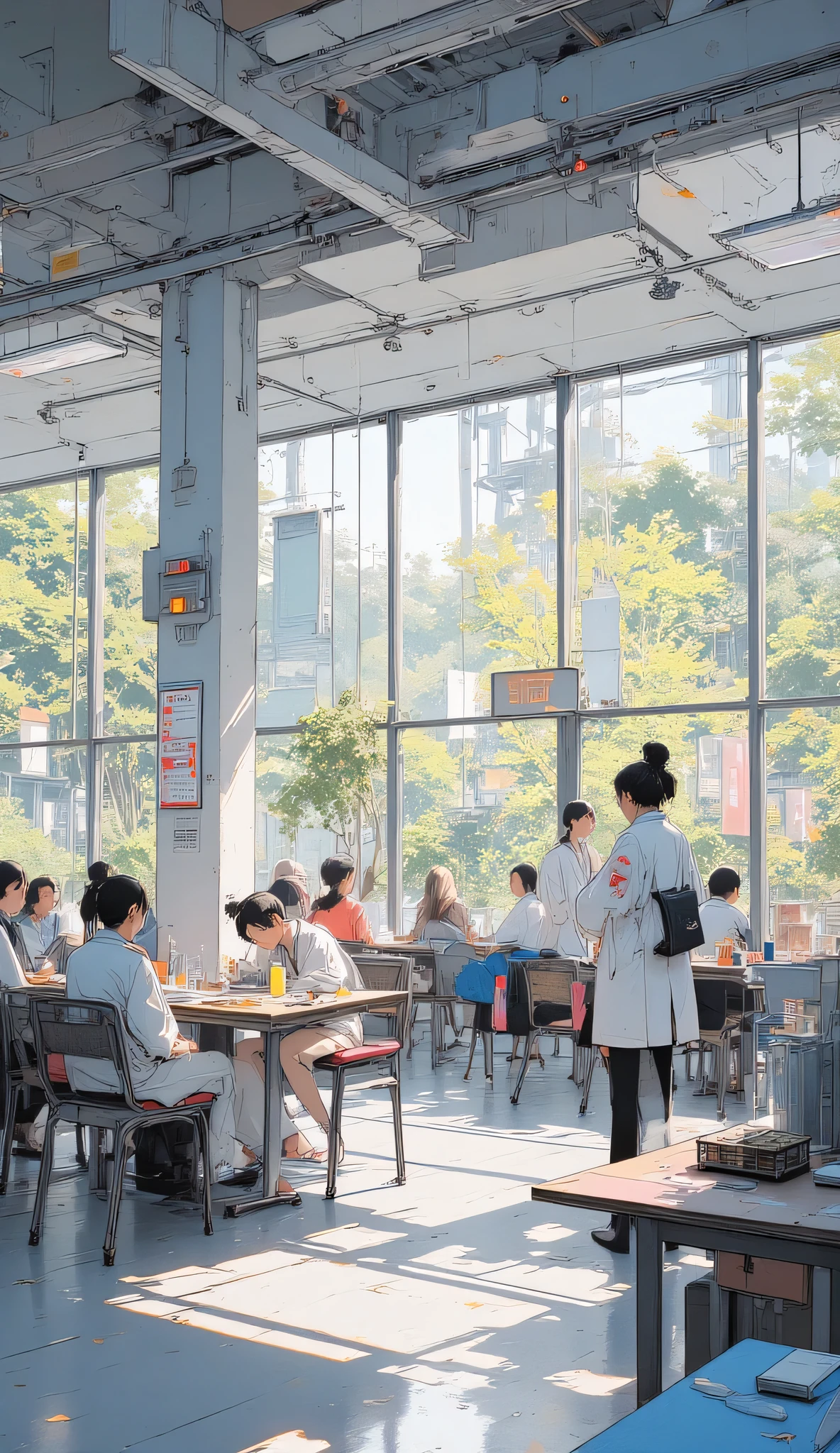 Modern research facility cafeteria, clean tables, digital menu boards, scientists and staff eating lunch, large glass windows with garden view, soft sunlight, anime background art, bright and relaxed mood.