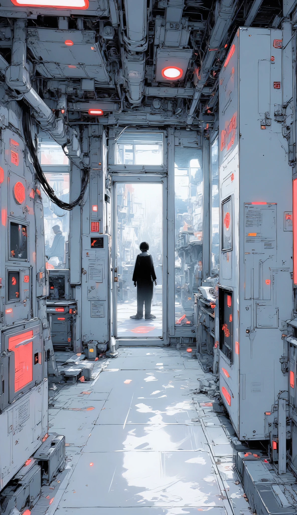 High-security quarantine zone inside a futuristic research facility, transparent glass walls separating clean and restricted areas, glowing red warning signs, sterile white hallways, decontamination chambers with mist, anime background art, tense but clean atmosphere.