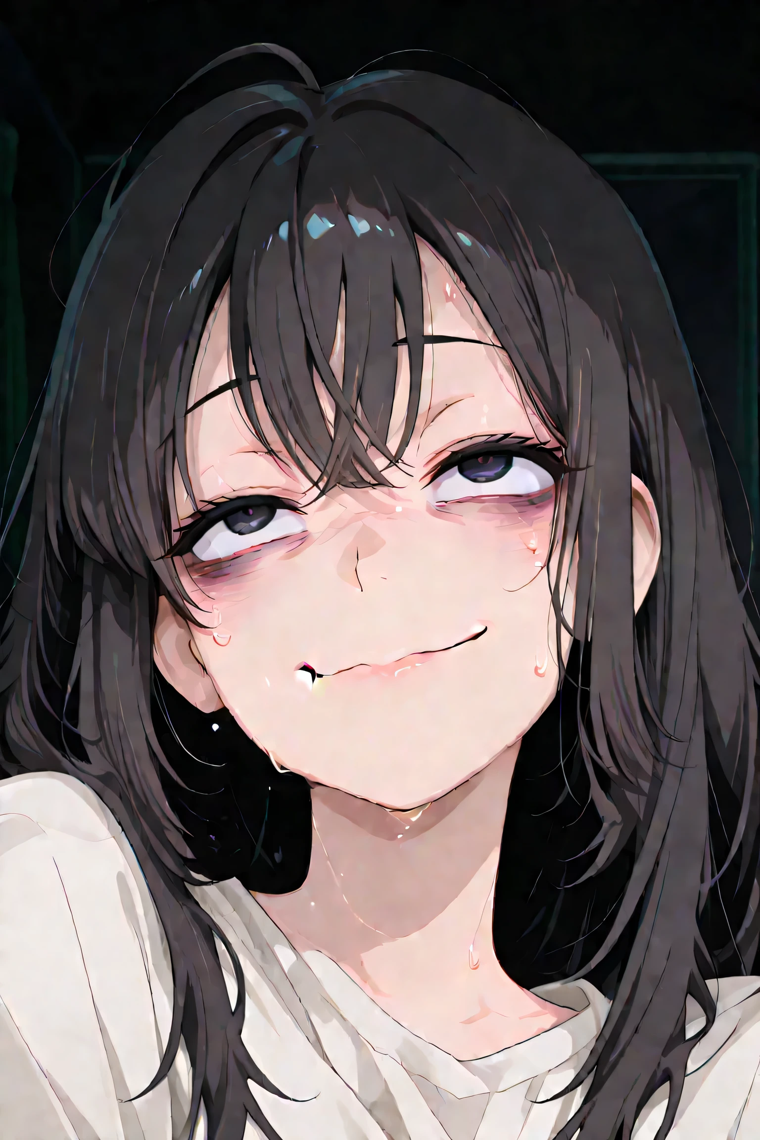 1girl,jimiko,Sweat,black hair,nervous smile,bags under eyes,unkempt,darkroom