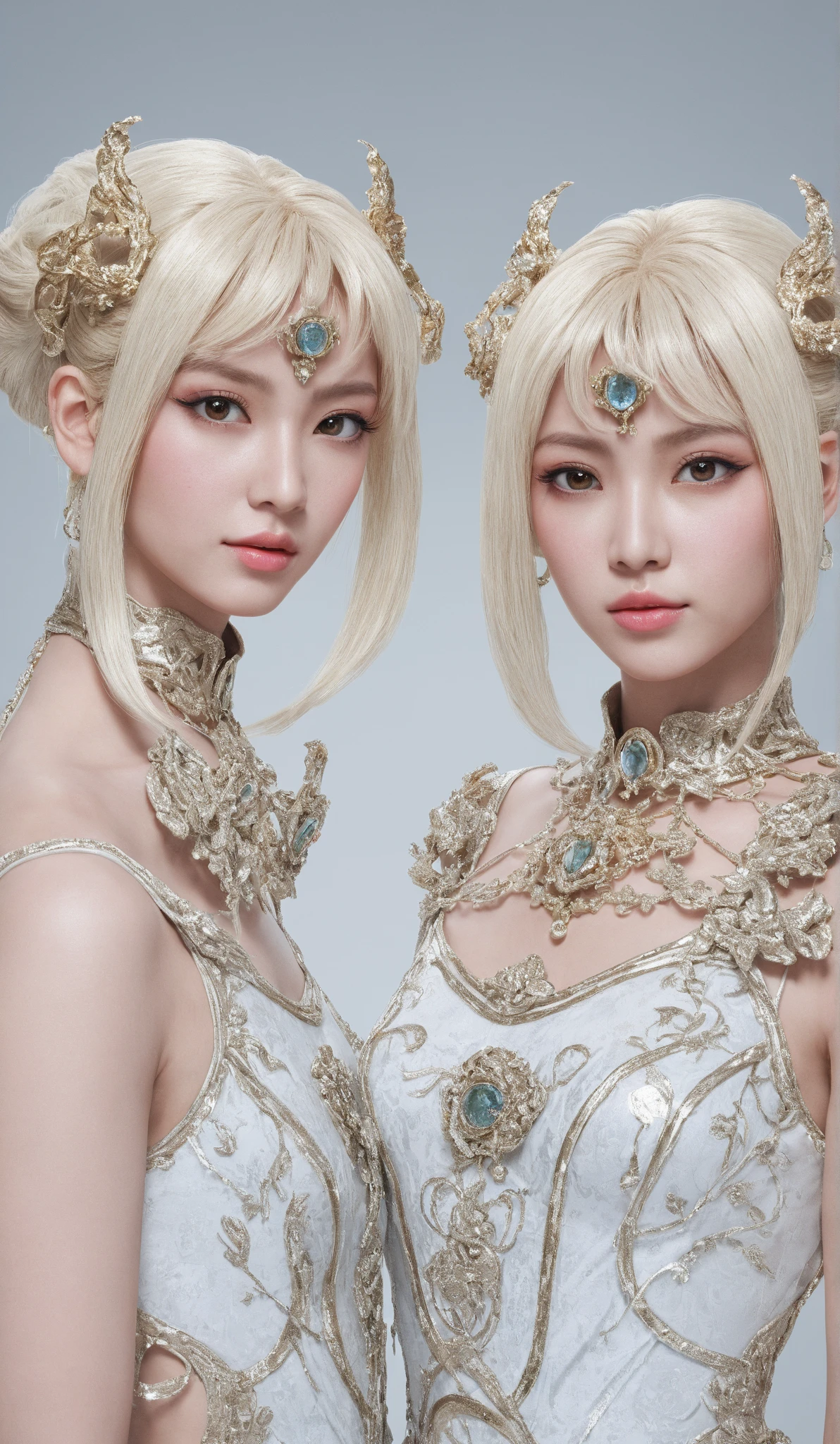 two elf  princesses are hugging each other in a picture with a green background and a gold background by WLOP - Emotional cyberpunk fantasy in WLOP-Style: Bioluminescent, Soft, Dreamy style with detailed characters featuring a smooth mixture of sharp jewelry in blue, black, and silver hues. Utilizes extremely thin brush strokes and light brush treatment. The characters exhibit delicate Asian features with mature elven proportions, such as a soft jawline. The artwork includes star and diamond motifs with a blurred, dark, [deep green and yellow background], creating a sense of peace and mystery. Sacred geometric figures drawn with thin [dark gold] on a [deep green and yellow background] background, in a kaleidoscope-like arrangement
