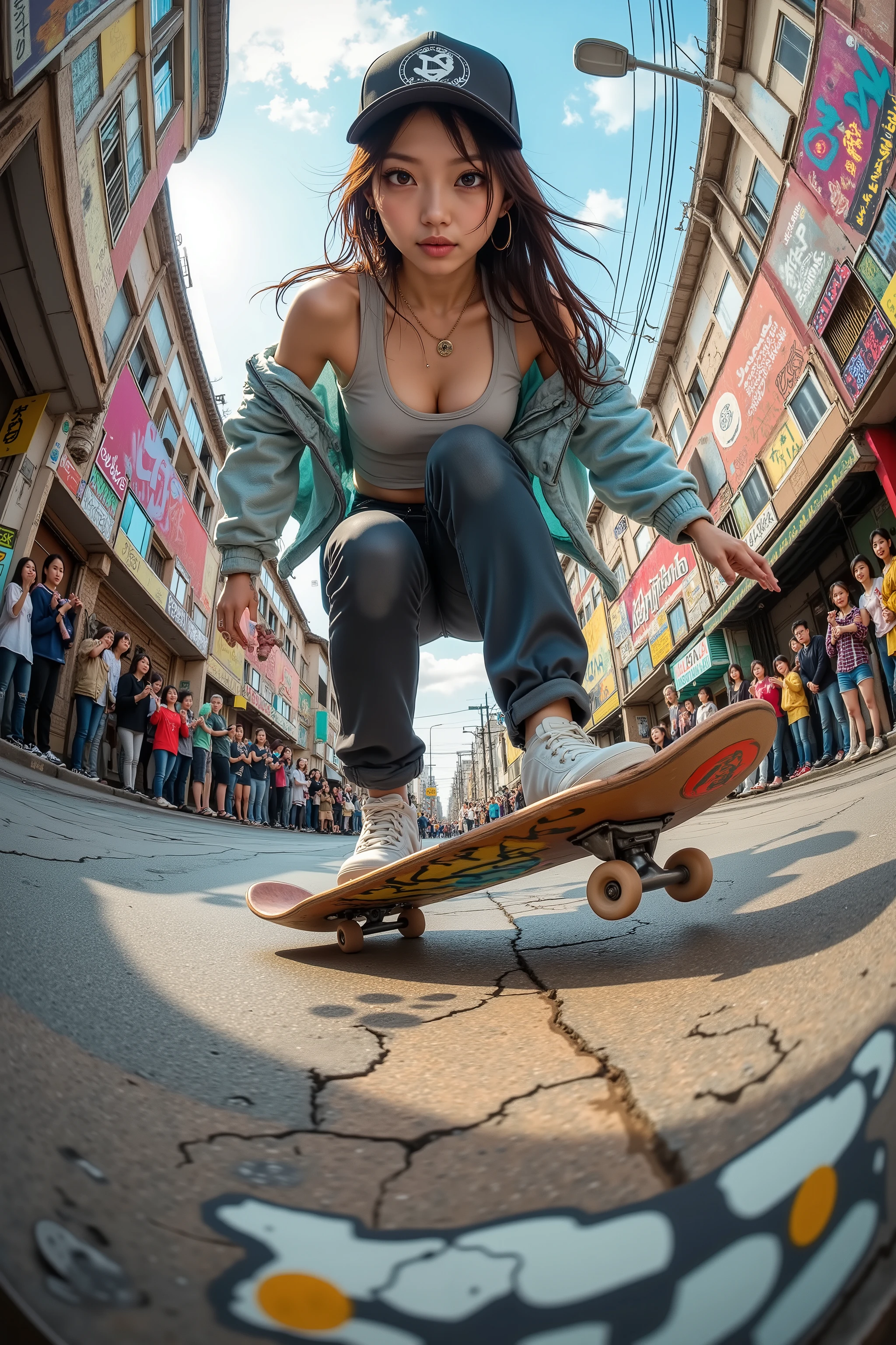8K, Ultra High Definition, masterpiece, photorealistic, dramatic solo action scene.
A beautiful Japanese girl with a cool expression, flawless style, an extremely large bust, a slim waist, and athletic proportions.
She is a fearless teenage pro skater, wearing a tank top, a hoodless jacket, a baseball cap, and skate shoes.
Captured from a low-angle fisheye-lens perspective, in the style of a GoPro action shot, she performs a perfect mid-air kickflip on her graffiti-covered skateboard.
The board spins dynamically beneath her feet while her body remains perfectly balanced, her long hair flowing freely in the wind from under the cap.
Her gaze is directed not at the camera, but toward the distance, giving her presence a sense of determination and purpose.
The gritty urban setting features graffiti-covered walls and cracked pavement, curving slightly due to the fisheye distortion, emphasizing the immersive street atmosphere.
A cheering crowd is blurred in the background, their movement blending with the glowing vibrance of the daytime city.
Cinematic HDR lighting, extreme realism, vivid graffiti details, ultra-sharp focus on the skater, with motion blur capturing the speed and energy of the trick.
An intense fisheye low-angle GoPro-style portrait of rebellious youth, urban dynamism, and fearless beauty.