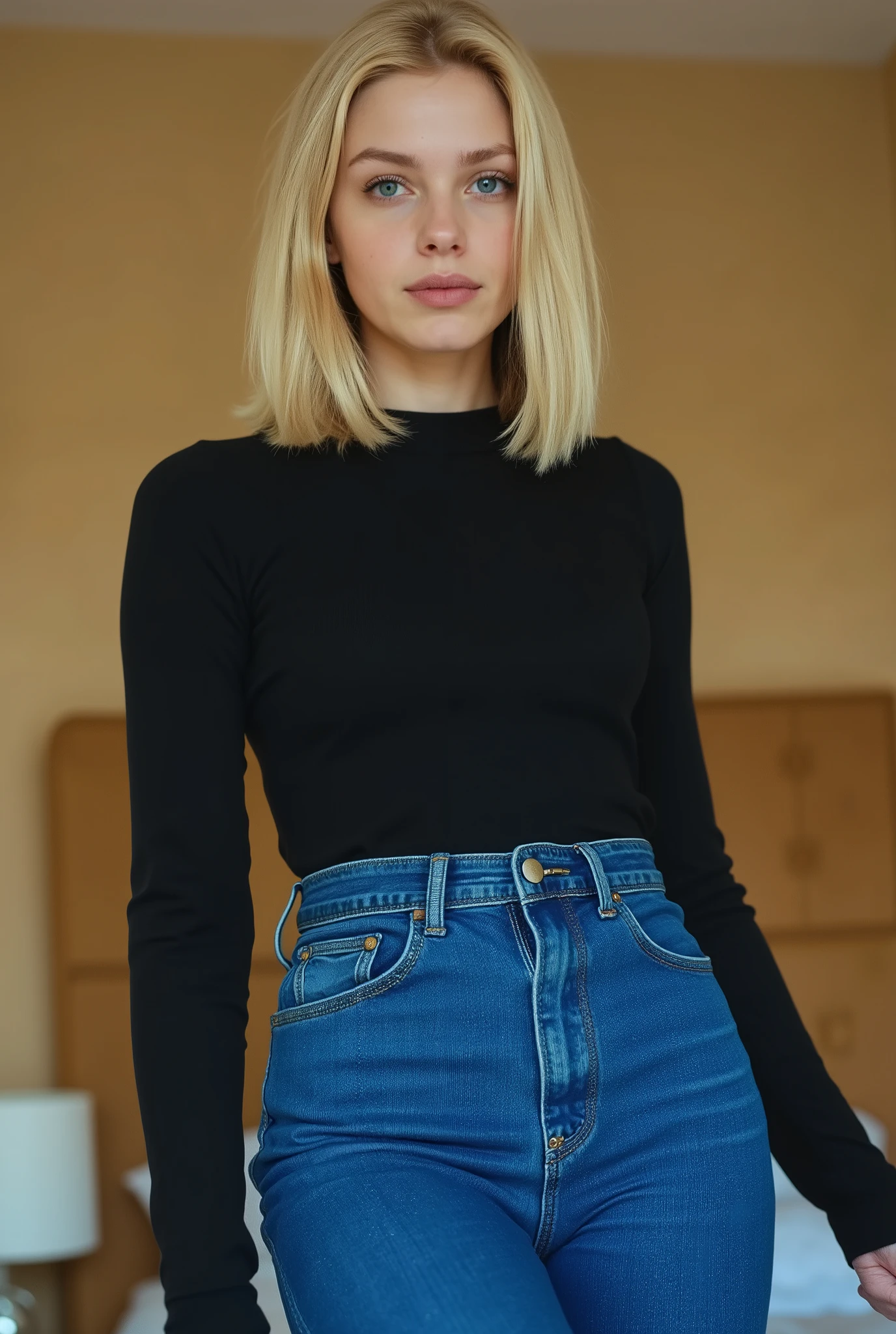 skntstc,tgnd,exceptionally tall young adult woman, youthful, towering above viewer, girl next door vibes, blonde hair, straight mid-length bob, middle part, no makeup, vivid striking blue eyes, tight form-fitting fine ribbed black longsleeve crew-neck top, tucked into high-waisted blue denim jeans, jeans in strong vivid blue color, fitted at waist and hips, straight wide legs, dominant confident standing pose, legs apart, shoulders squared, arms relaxed with presence, commanding expression, strict gaze, looking directly at viewer, youthful bedroom interior, low camera angle, full body shot, photorealistic, high detail, realistic lighting, cinematic atmosphere