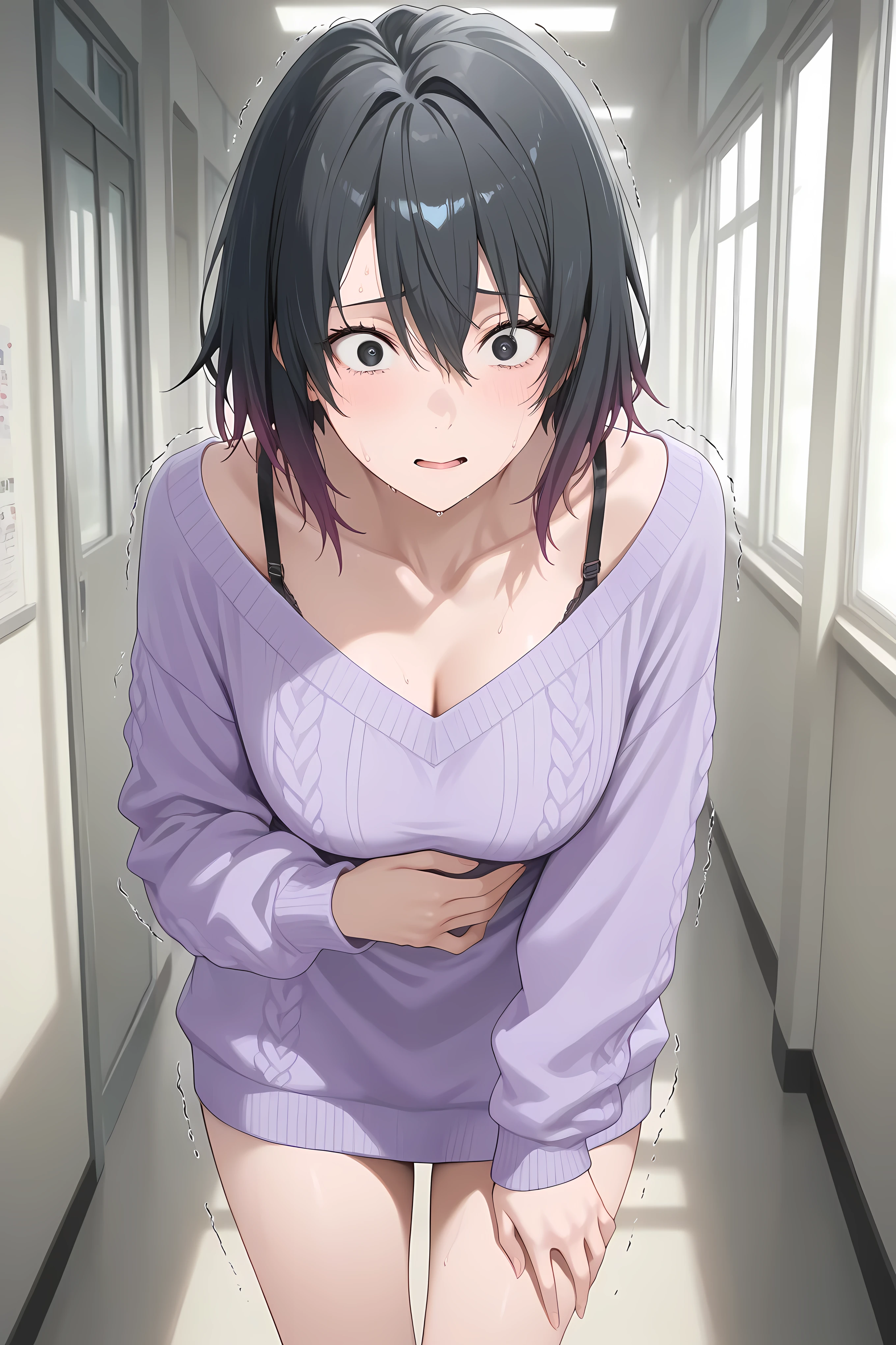 haruno yukinoshita, short hair, hair between eyes, black eyes, black hair, gradient hair, two-tone hair,,sweater, off shoulder, bra strap, purple sweater, long sleeves, collarbone,,

 Solo, general, masterpiece, highres, ultra-detailed, hyper-detailed, best quality,  amazing quality, very aesthetic, best hands, best eyes, best hand
adult woman, 1woman, hand on own stomach, sweat,  leaning forward, nervous, scared, trembling legs, school hallway
